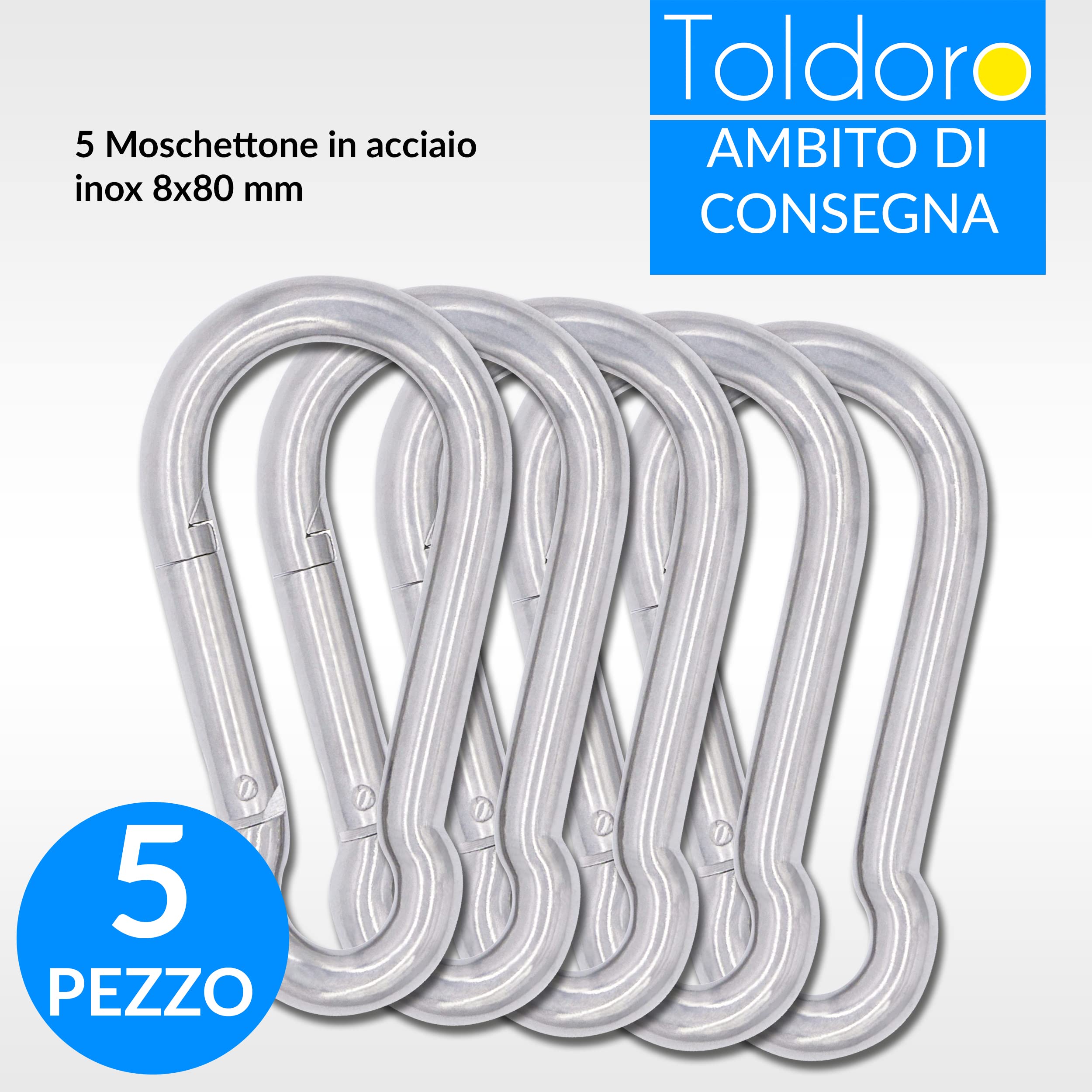 Toldoro® 5x Moschettone acciaio inox 8x80mm / Moschettone multifunzione per altalena, campeggio o slackline/Carabiner/Set di moschettoni grande