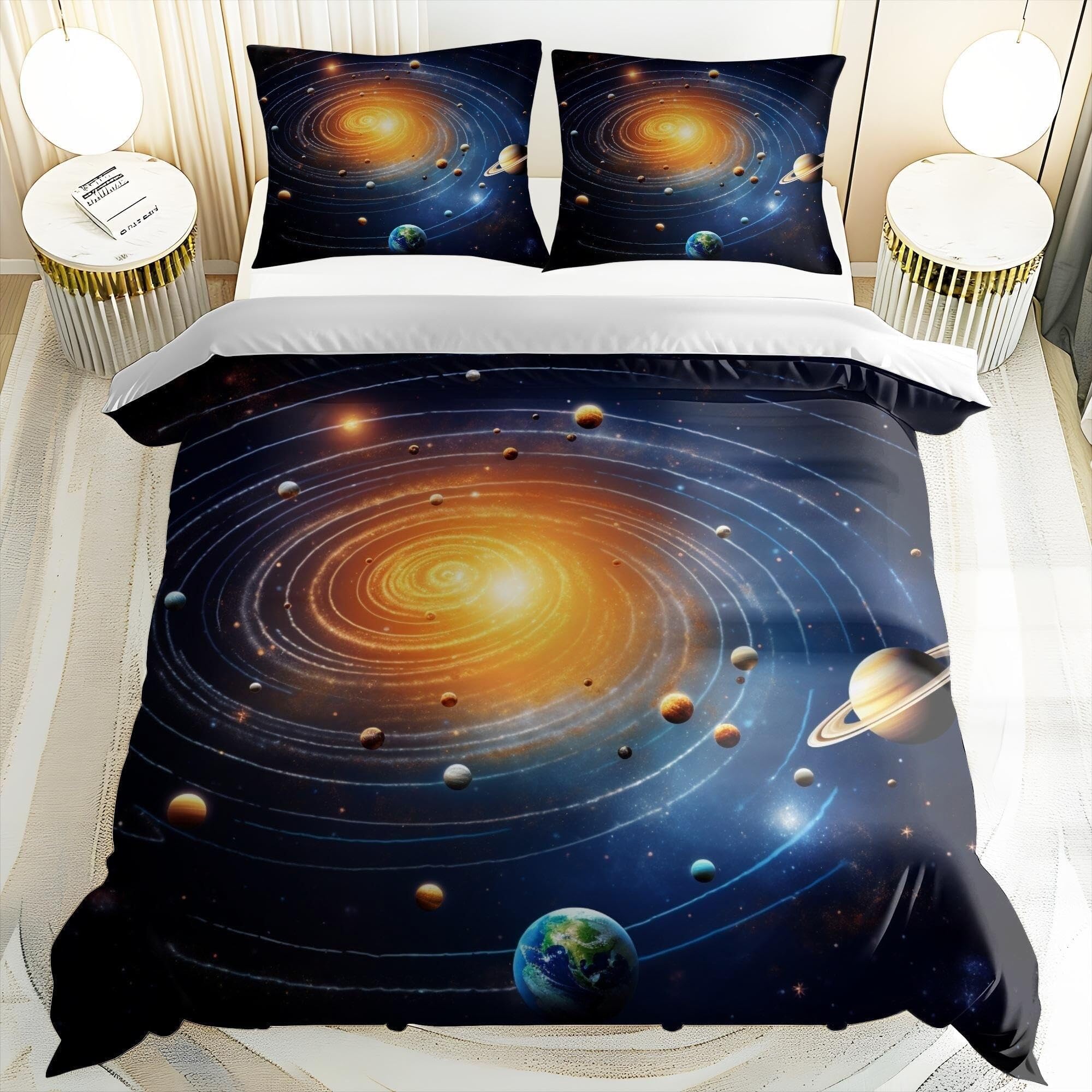 Housse de couette espace imprimée système solaire et parure de lit 3 pièces pour ado