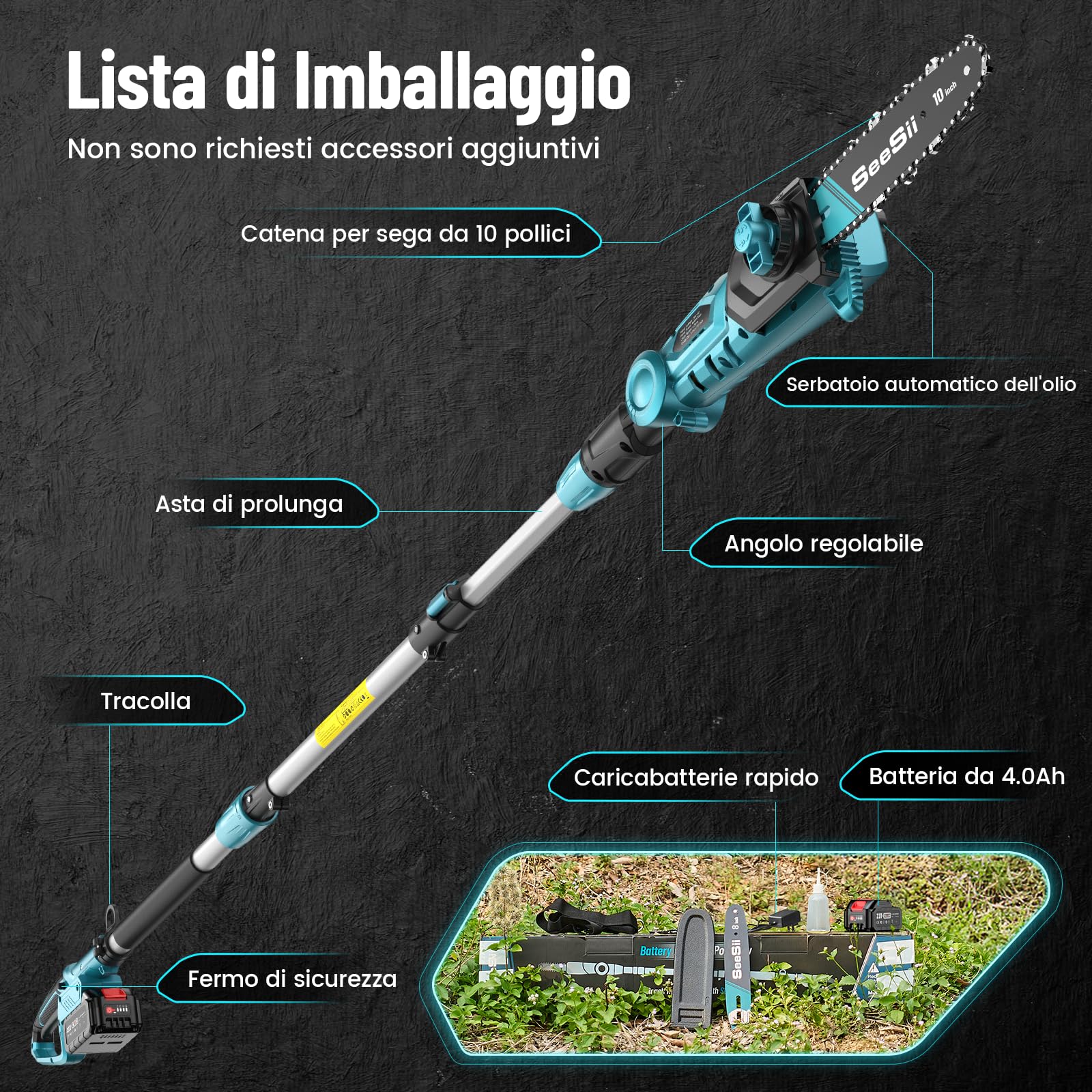 SEESII Mini Motosega 8 & 10 Pollici con 4000 mAh Batteria, Telescopica Motosega a Batteria con Asta Prolunga e Cinghia, Altezza Lavoro Fino a 4,57 m, Motosega da Potatura con Oliatore Automatico
