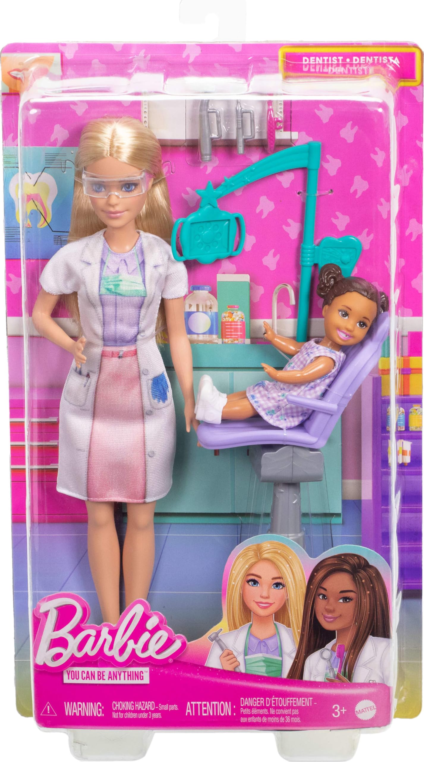 Barbie Diş Hekimi , mavi elbisesi ve laboratuvar önlüğüyle sarışın bebek, 1 çocuk figürü, doktor temalı mobilya ve aksesuarlar, JCR74
