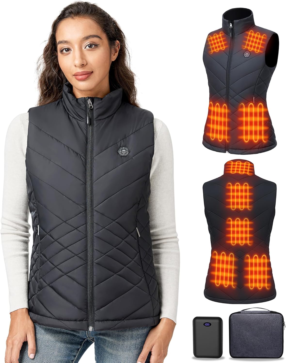 Women's Heated Vest with 16000mAh 7.4V Battery,9 Heating Zones, 4-in-1 Intelligent Switch with Light-Off
