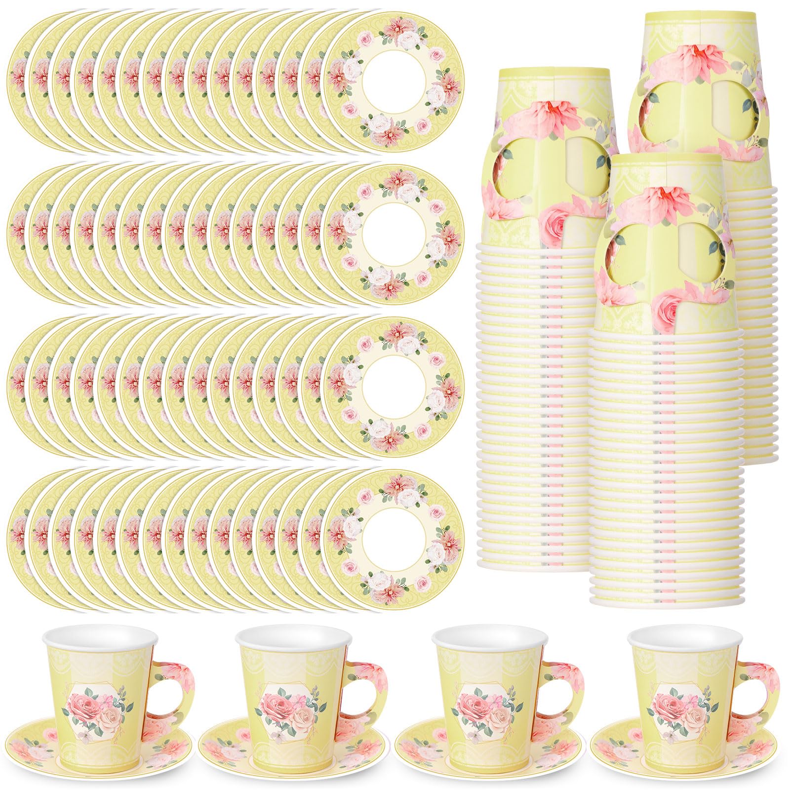 Zopeal 200 Pcs Tea Party Decorations Disposable Blossom Party Paper Tea Cups and Plates, Floral Paper Tea Cups and Saucers for Cold Drink Mother's Day Wedding Birthday Baby Shower (Light Yellow)