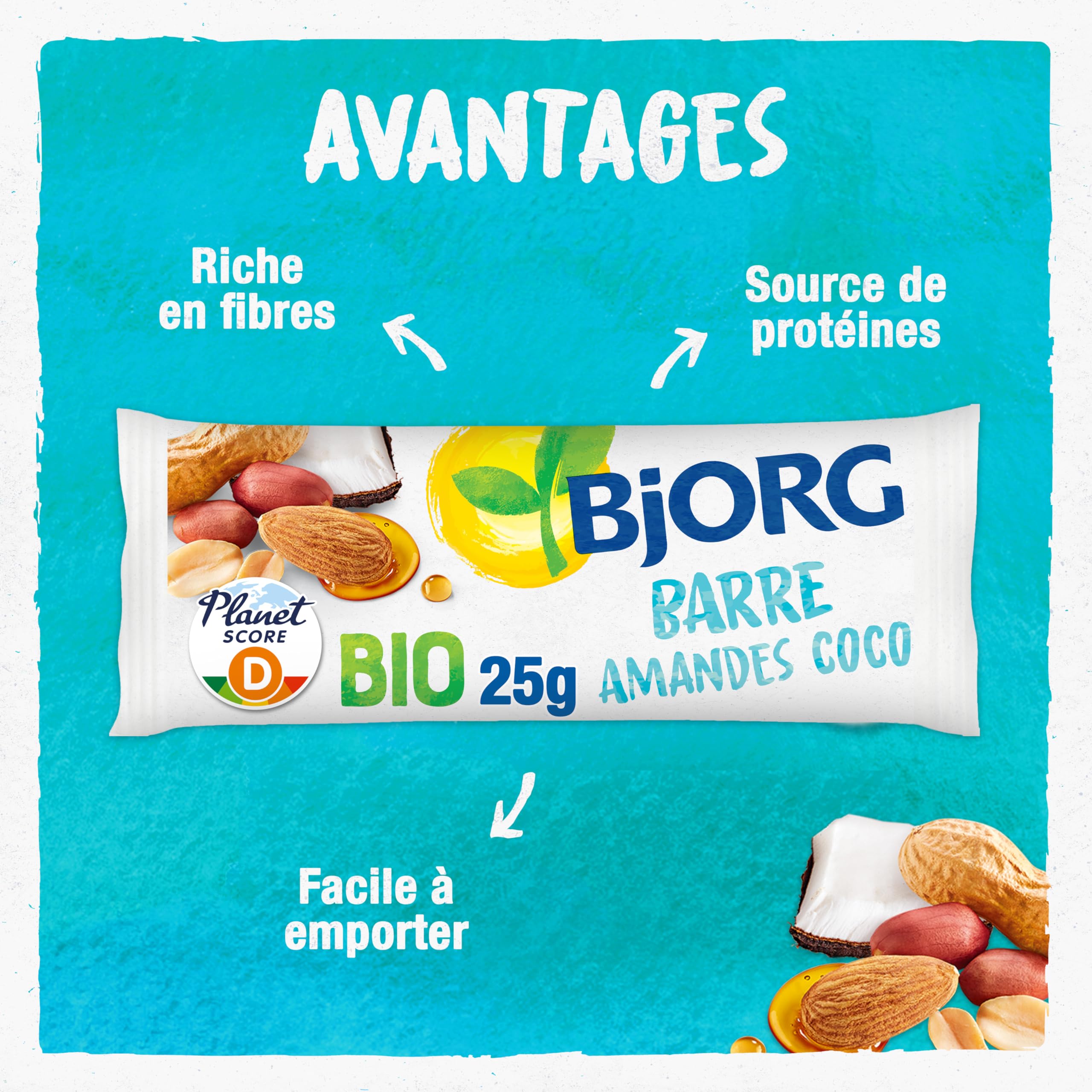 BJORG - Barre Énergétique - Amandes, Coco - Bio - Source de Fibres - Riche en Protéines - Encas Sain pour le Sport : Vélo, Fitness, Trail, Running - 30 Barres Individuelles de 25g