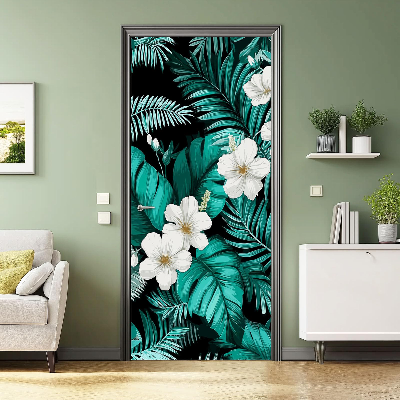 Czarno-niebieska roślina kwiaty folia na drzwi, plakat na drzwi, plakat 80 x 210 cm – wodoszczelna, zdejmowana naklejka na drzwi PCW, wzór tropikalnych liści, samoprzylepna naklejka ścienna do
