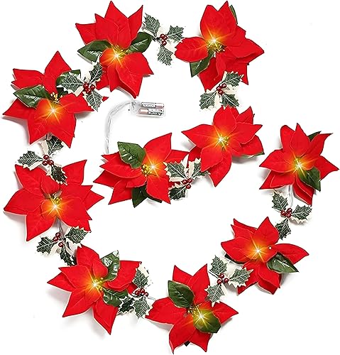 Guirnalda de Pascua de Navidad con luz, guirnaldas artificiales iluminadas de 6.5 pies con flores rojas y bayas, funciona con pilas, luces de Pascua