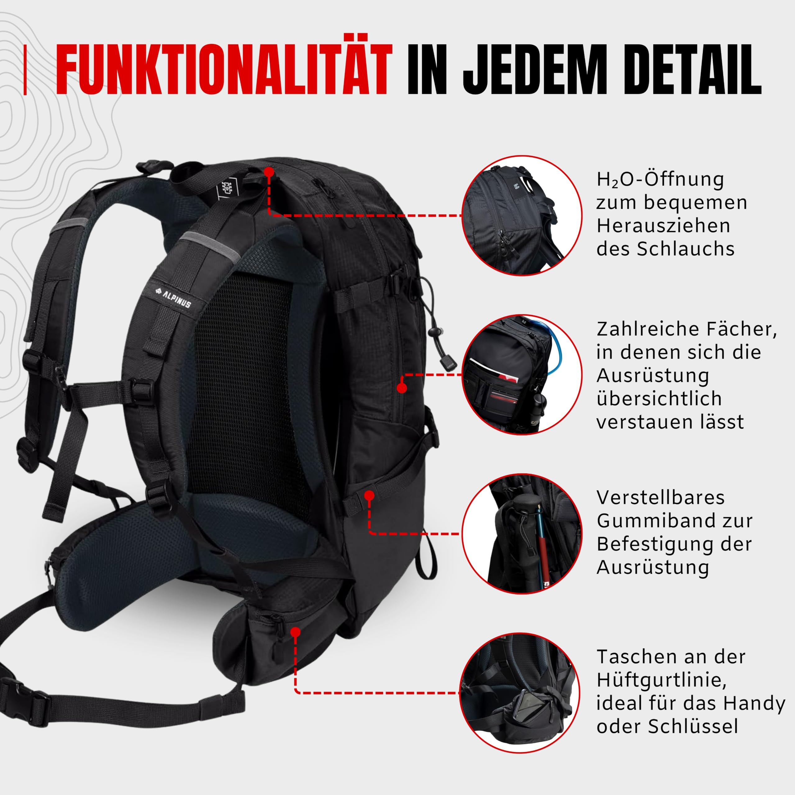 Alpinus Muddus Wanderrucksack 30L Trekkingrucksack mit Rückenbelüftung für Herren & Damen Schwarz - Rucksack mit ADS-Belüftungssystem und Regenschutz für Wandern, Camping Trekking