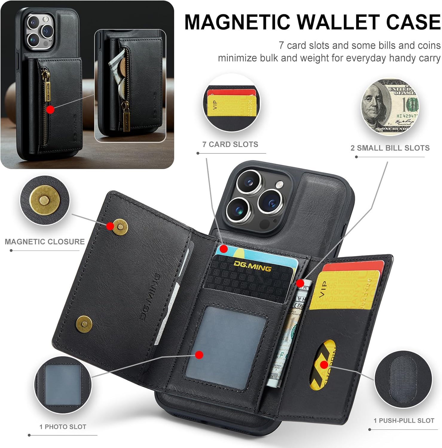 SZHAIYU 2 in 1 Detachable Compatible with iPhone 15 Pro Max Case Wallet with Card Holder Faux Leather Men Women 6.7'' RFID Blocking (Black,IP 15 Pro Max)