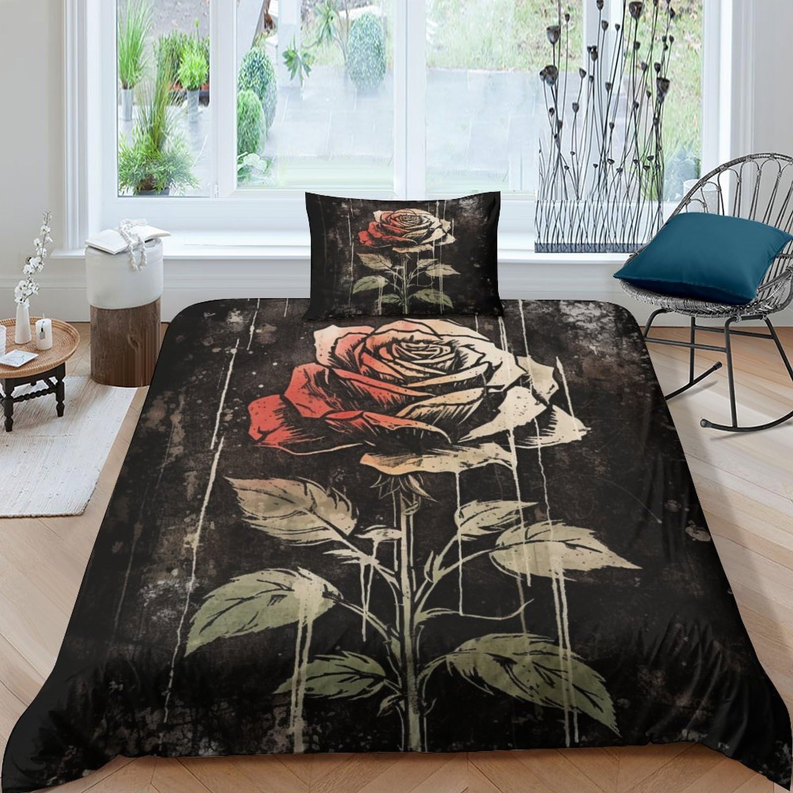 Housse de couette roses anciennes parure de lit microfibre 3D premium avec fermeture éclair 3 pièces
