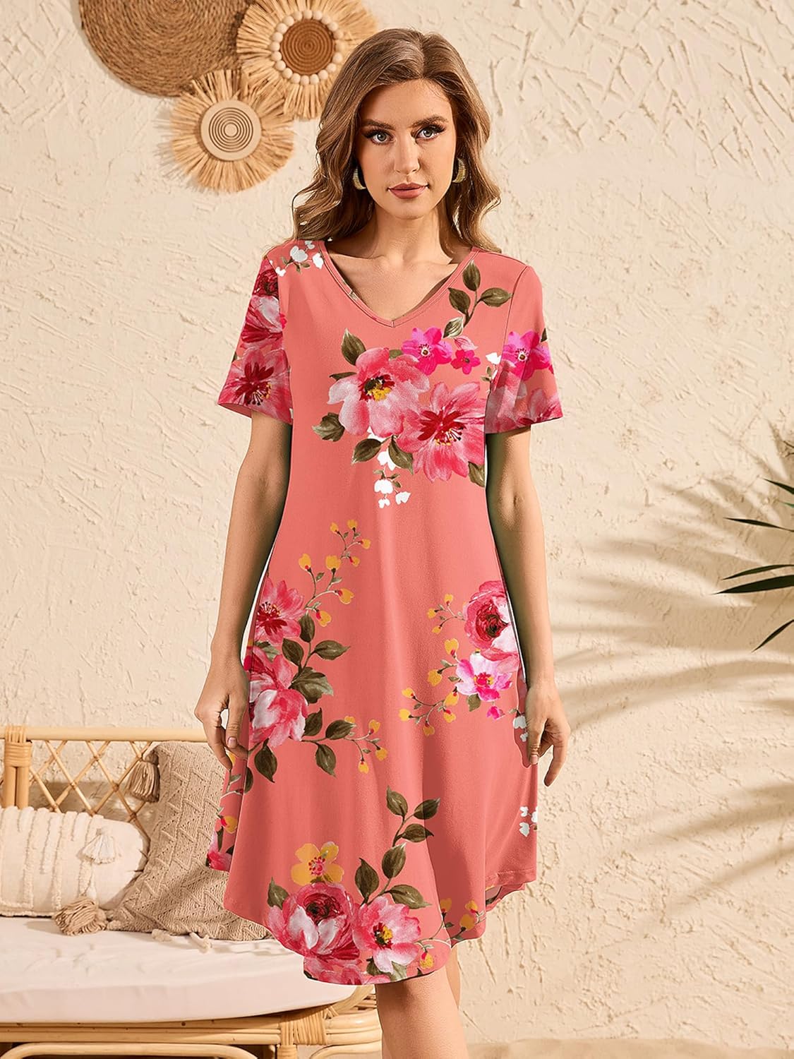 DEARCASE Women's T Shirt Dress V-Neck Short Sleeve Spring Summer Casual Loose Flowy Swing Midi Tunic Dresses - Image 3