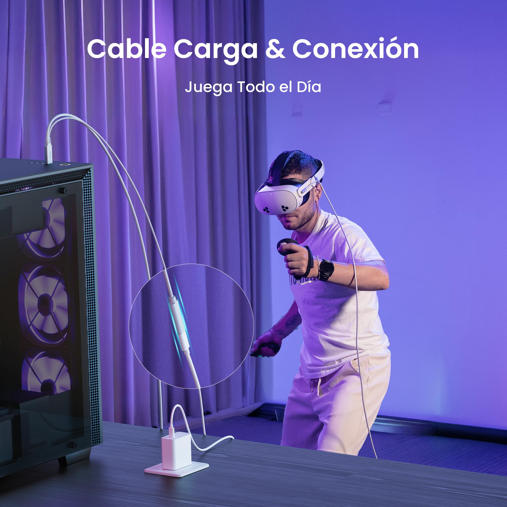 KIWI design Cable Link con Carga 5M Compatible con Meta Quest 3s Quest 3 Quest 2/Pro/Accesorios Pico 4 y PC/SteamVR, Cable USB 3.0 a USB-C Link con Super Rápida 5 Gbps, para Juego Prolongado