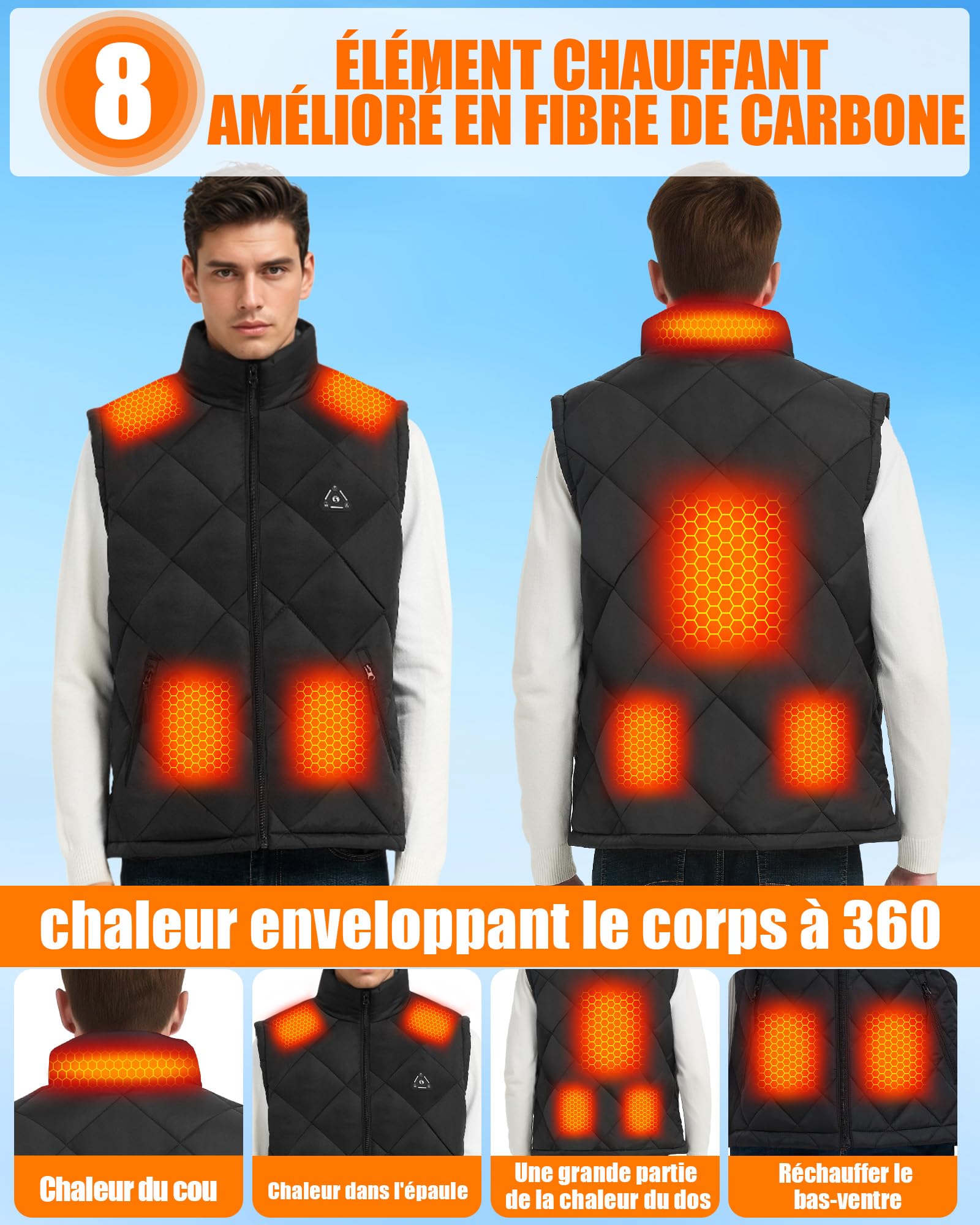 CYCYHEAT Gilet Chauffant Hommes Femmes Batterie 7,4V 10000mAh Commande 4-en-1 Chauffage Fibre de Carbone