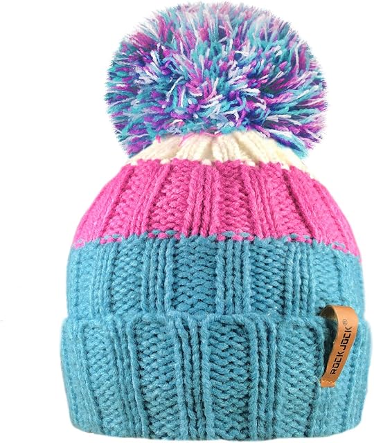 RockJock R80 Kids Girls Boys Ribbed Striped Thermal Insulating Bobble Hat with Cosy Fleece Lining