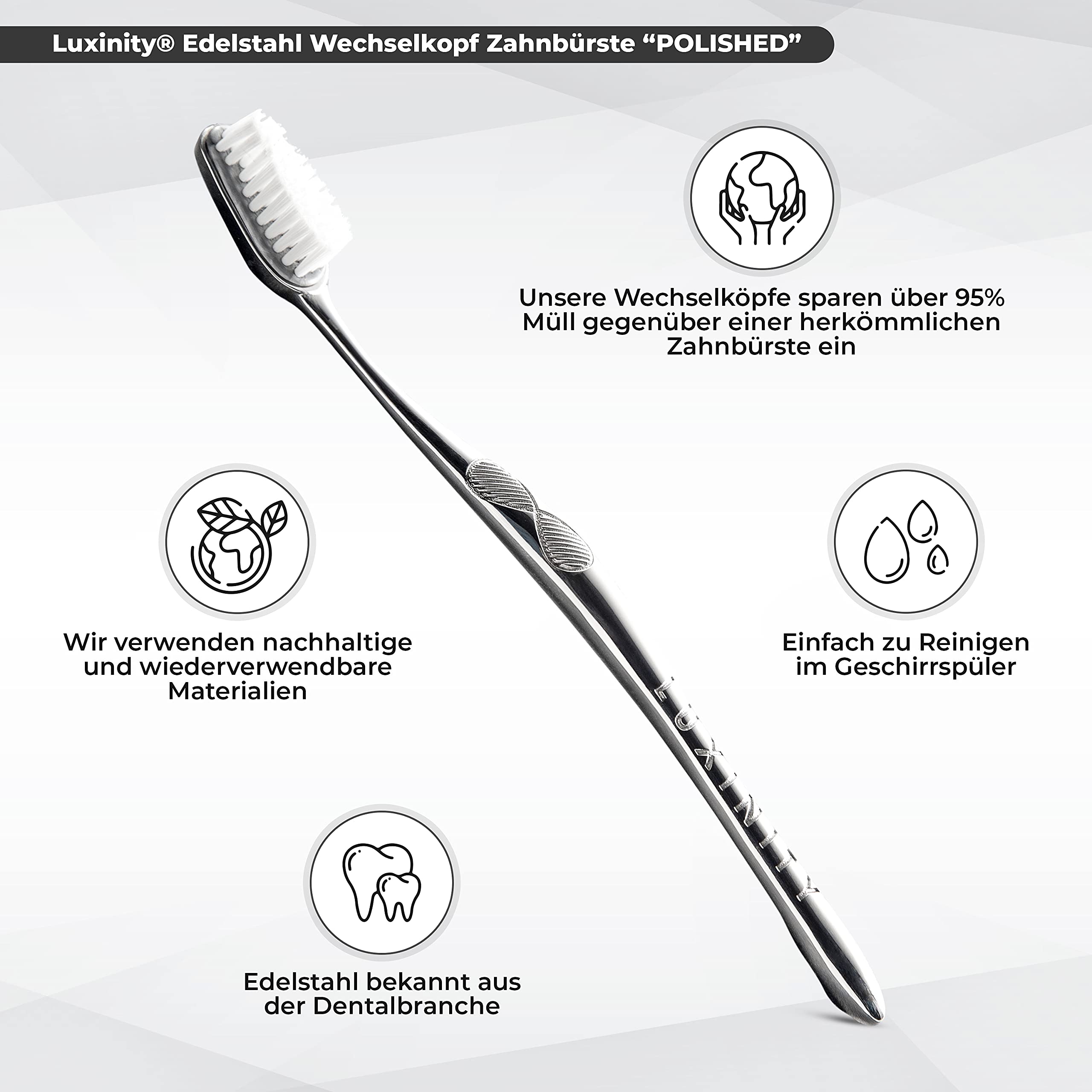 Spazzolino da denti manuale in acciaio inox con testina sostituibile, set iniziale con 1 testina di setola media lucida con incisione antiscivolo