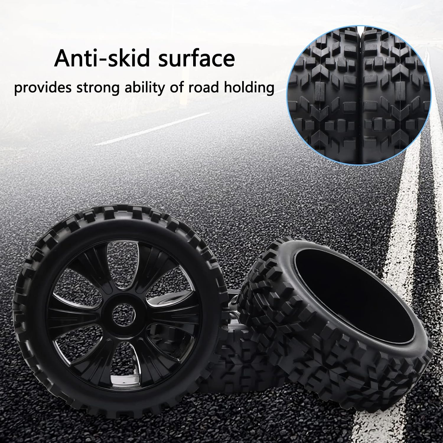 Black 1:8 RC Tyre All Terrain Tires & Plastic Wheel Rim for Off-Road Buggy Replacement Pack of 4