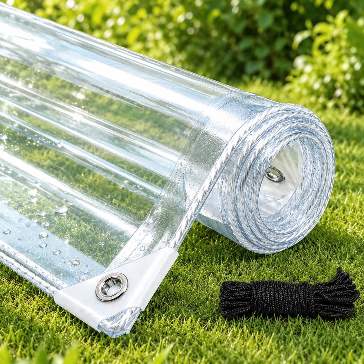 Transparente PVC Plane mit Ösen, 450 g/m² wasserdichte Klarsichtplane, 16 Mil Abdeckplane für Terrasse, Balkon und Pavillon(2 * 3M)