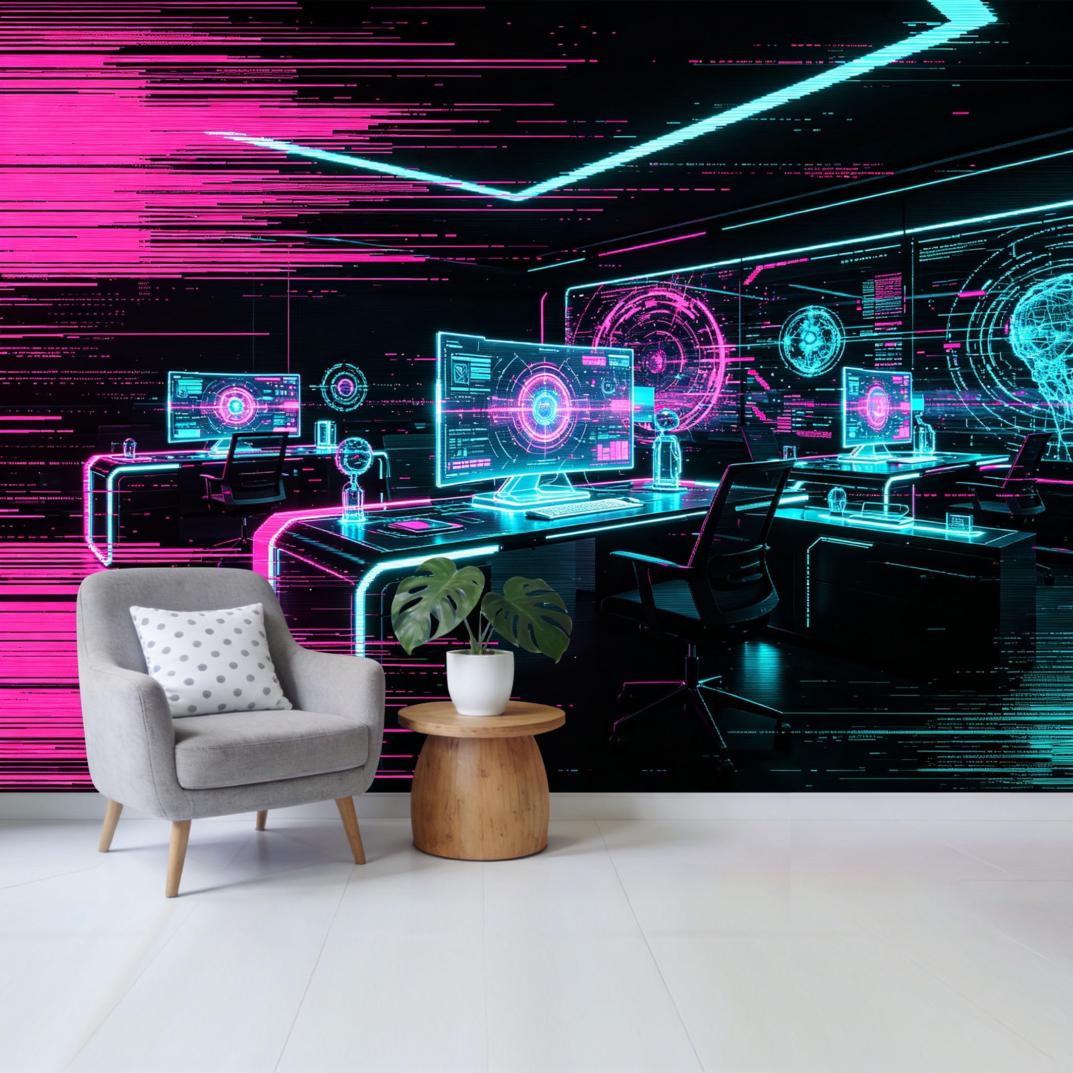 Qzlithotic Yq2605250637 Custom Size Wall Mural Cyberpunk Tech Office Futuristic Digital Data Interface Neon Light Abstract Selfadhesive Wall Fabric Removable Wallpaper For Home Office Decor