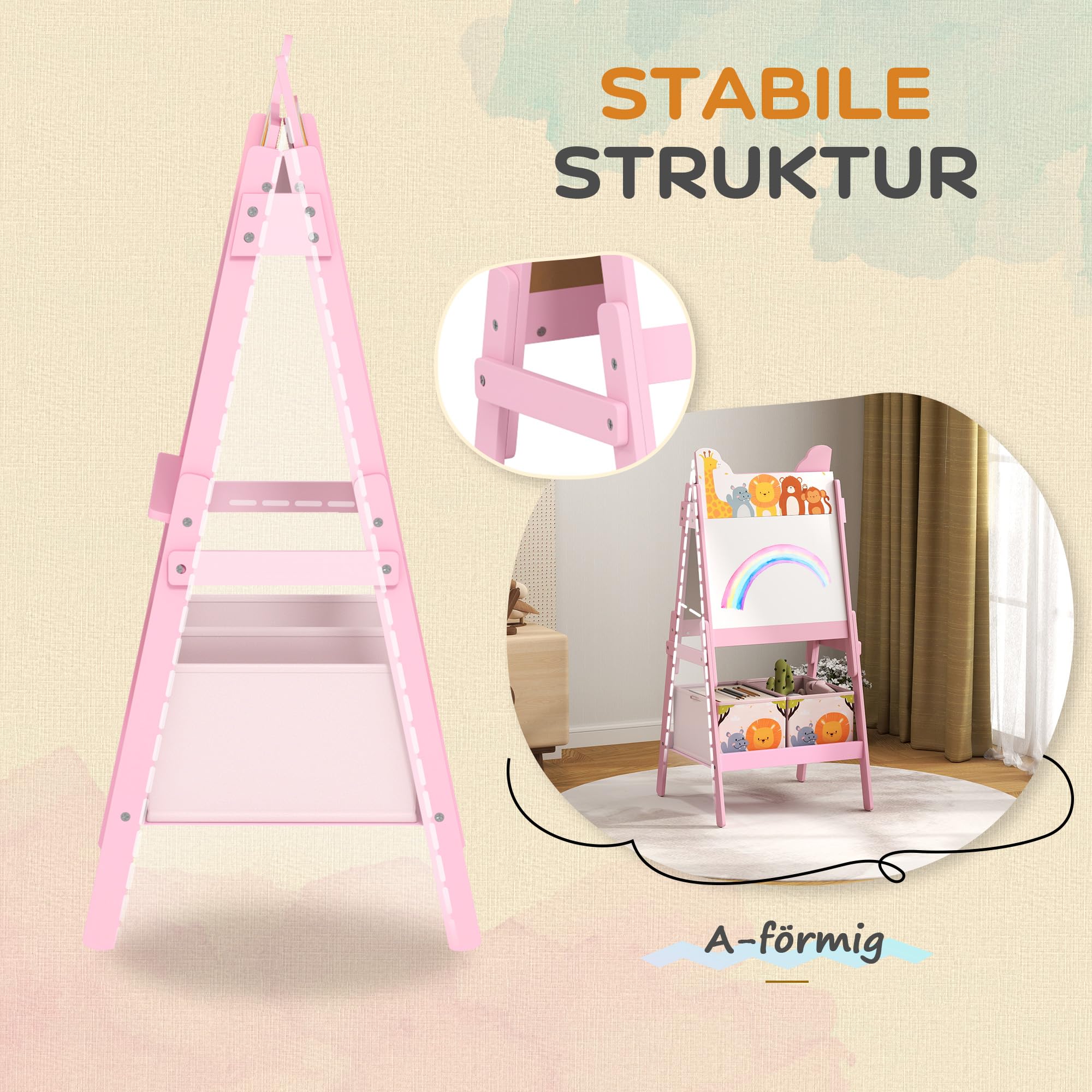 AIYAPLAY 2-in-1 Kindertafel, doppelseitige Kinder Staffelei, Staffelei mit Kreidetafel, Whiteboard, Aufbewahrungsboxen, für Kinder 3-8 Jahre, Rosa