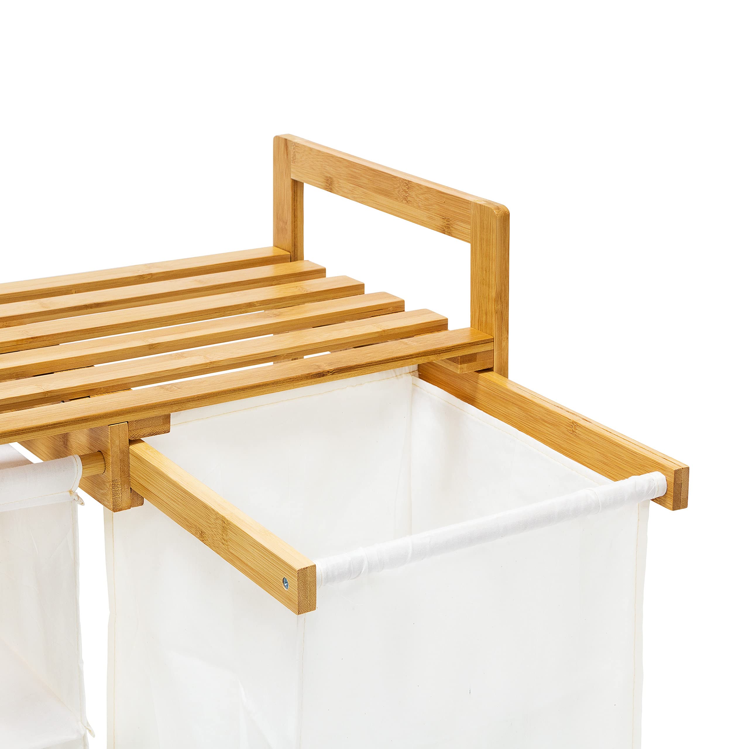Relaxdays Scaffale Portabiancheria Linea, HLP: 77x69,5x36 cm, 40 Litri, 2 Ripiani Portaoggetti e 3 Scomparti, Naturale, Bambú, Marrone, 36x69.5x77 cm