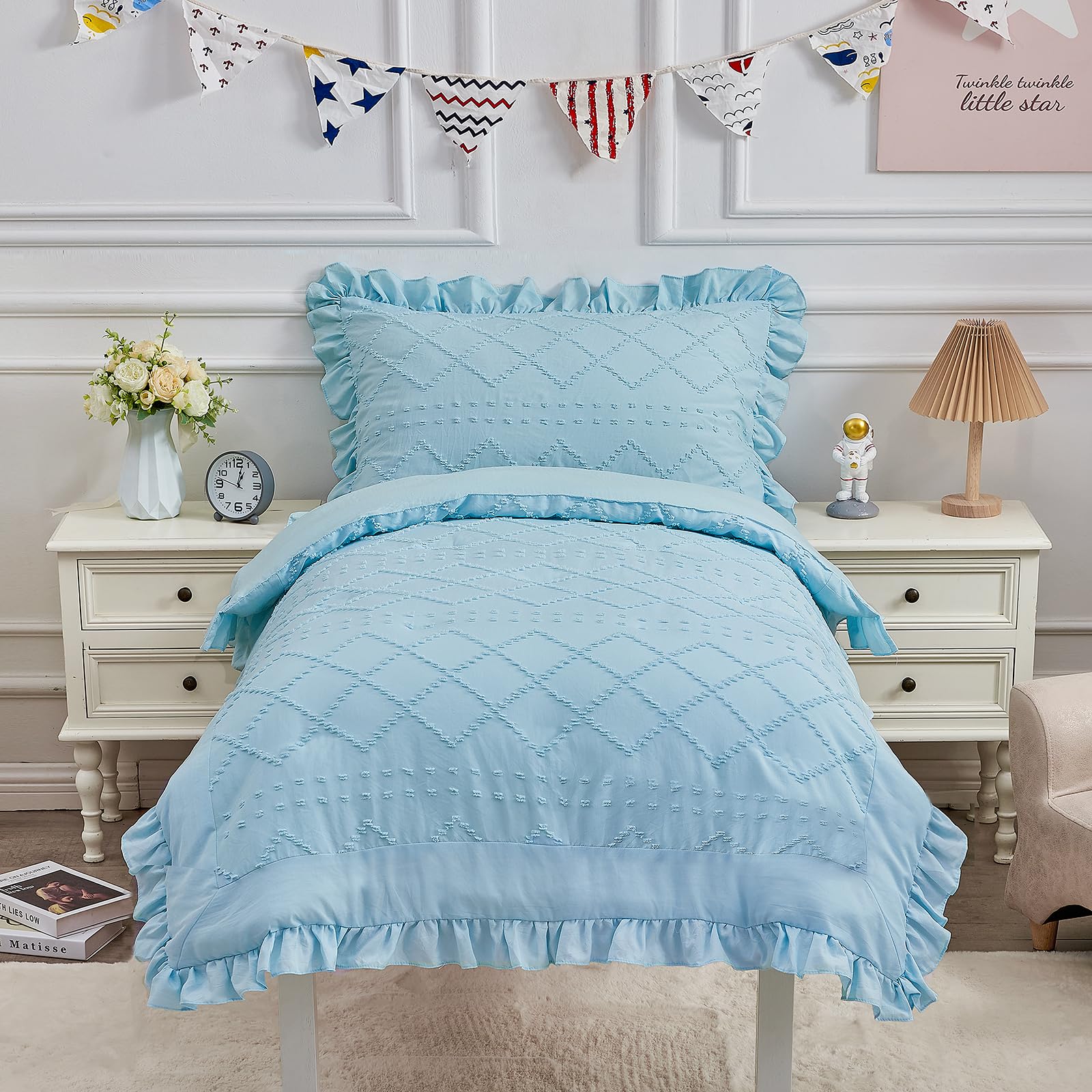 Juego de ropa de cama bohemio de 4 piezas para niñas, juego de sábanas con volantes azules, juego de sábanas de cuna bordado jacquard suave para bebé, incluye edredón, sábana encimera, sábana bajera,