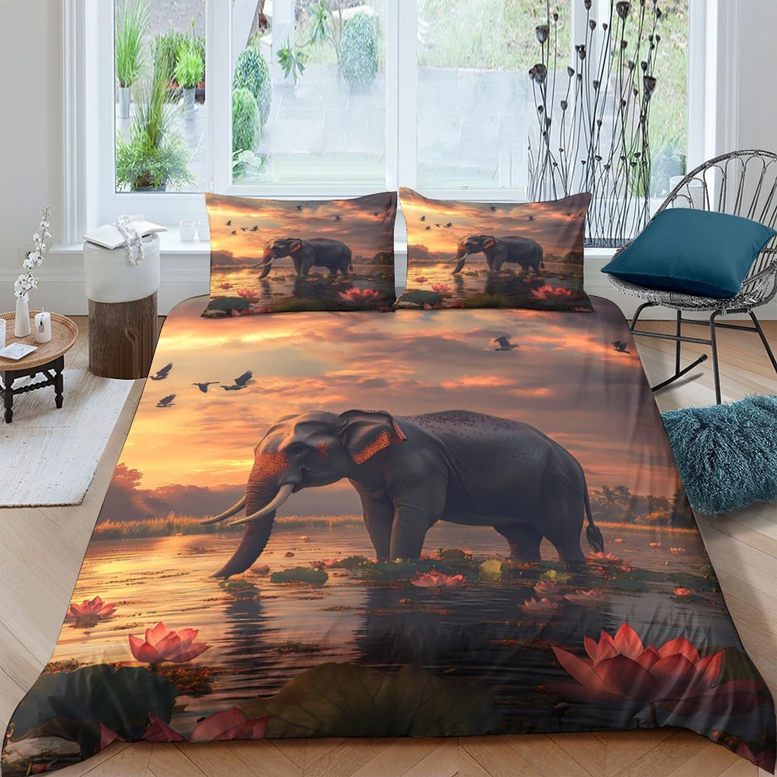 Ctjqhvkz Style-9 3D Printed Sunset Elephant Fitted Sheet Microfiber Soft Orange Lotus Mattress Cover For Bedroom Guest Room Decor Single（135X200cm）