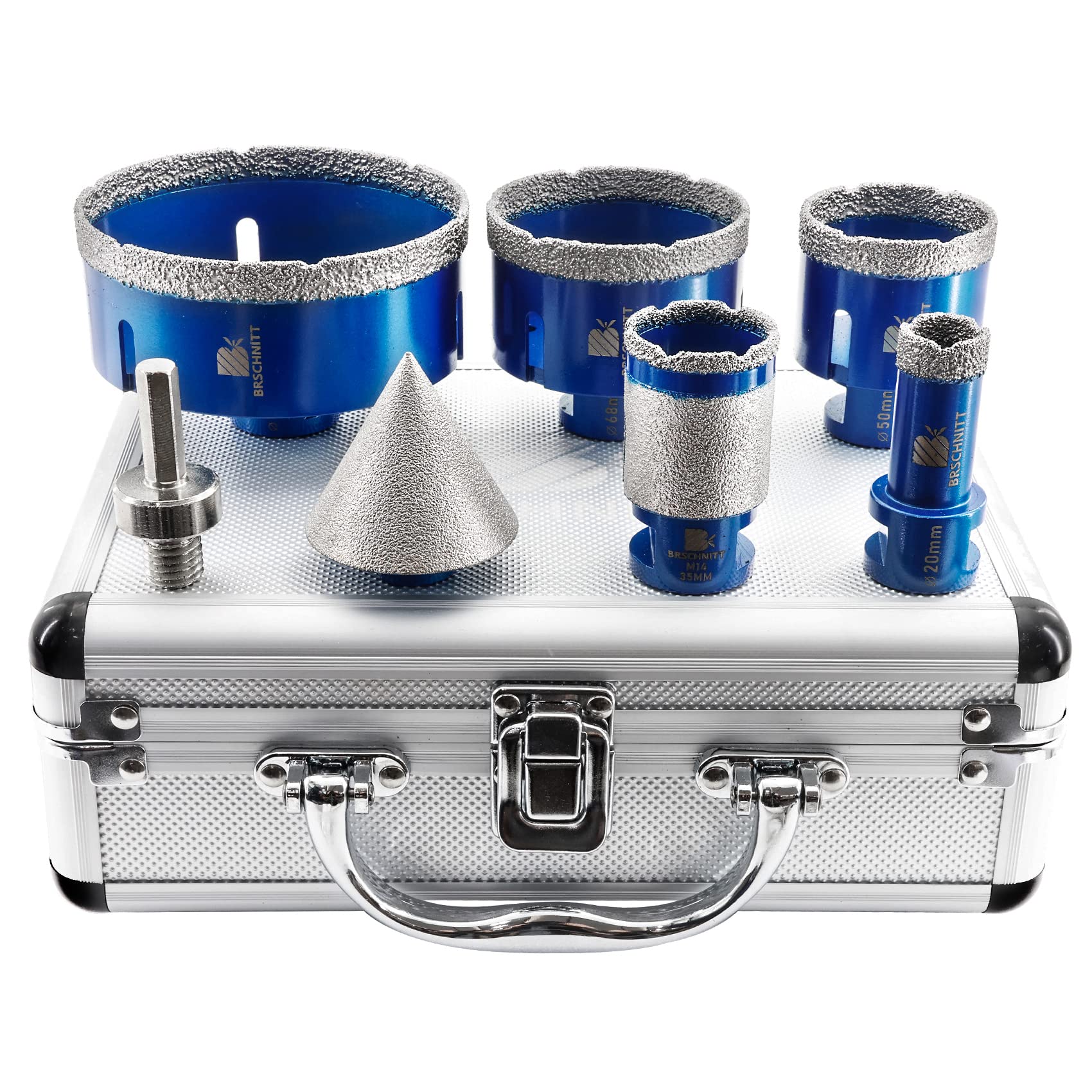 Diamond Core Drill Bit Set for Porcelain Tile Ceramic Marble Granite Drilling,BRSCHNITT 20/50/68/100mm tile bit & 35mm finger drill bit &50mm diamond chamfer bit with M14 Thread &adapter