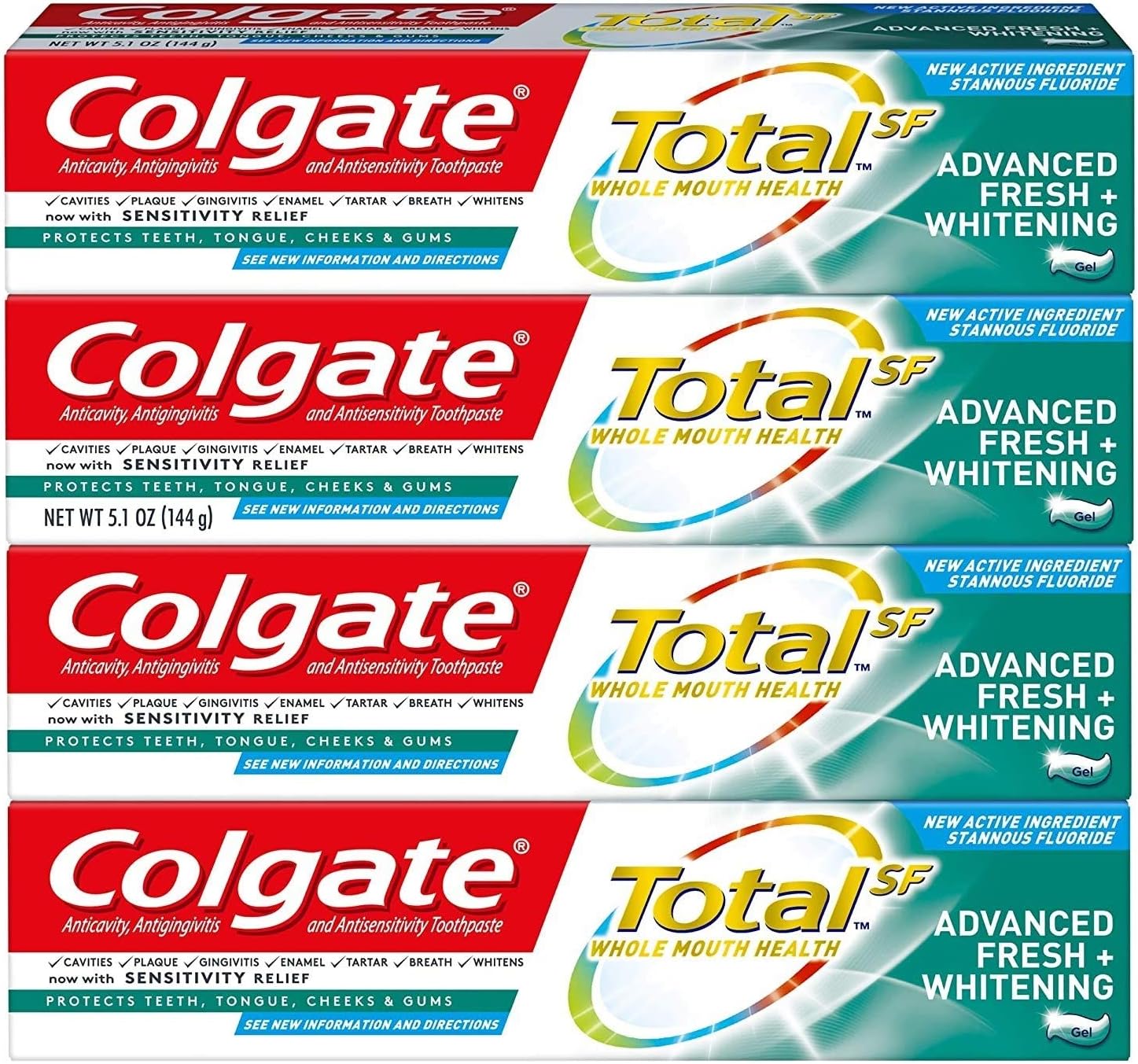 Colgate Total Whitening Toothpaste, Advanced Fresh + Whitening Gel, 5.1 Ounce (Pack of 4)