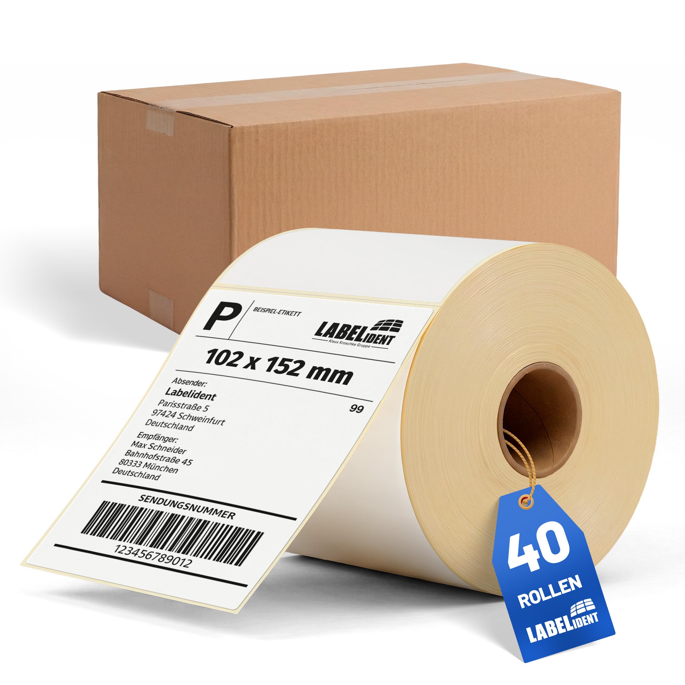 Labelident Versandetiketten 102 x 152 mm - 14.800 Etiketten, 40 Rollen à 370 Thermoetiketten | Stark selbstklebende Thermodirekt-Labels für DHL, DPD, FedEx, GLS, Hermes, UPS, Zebra