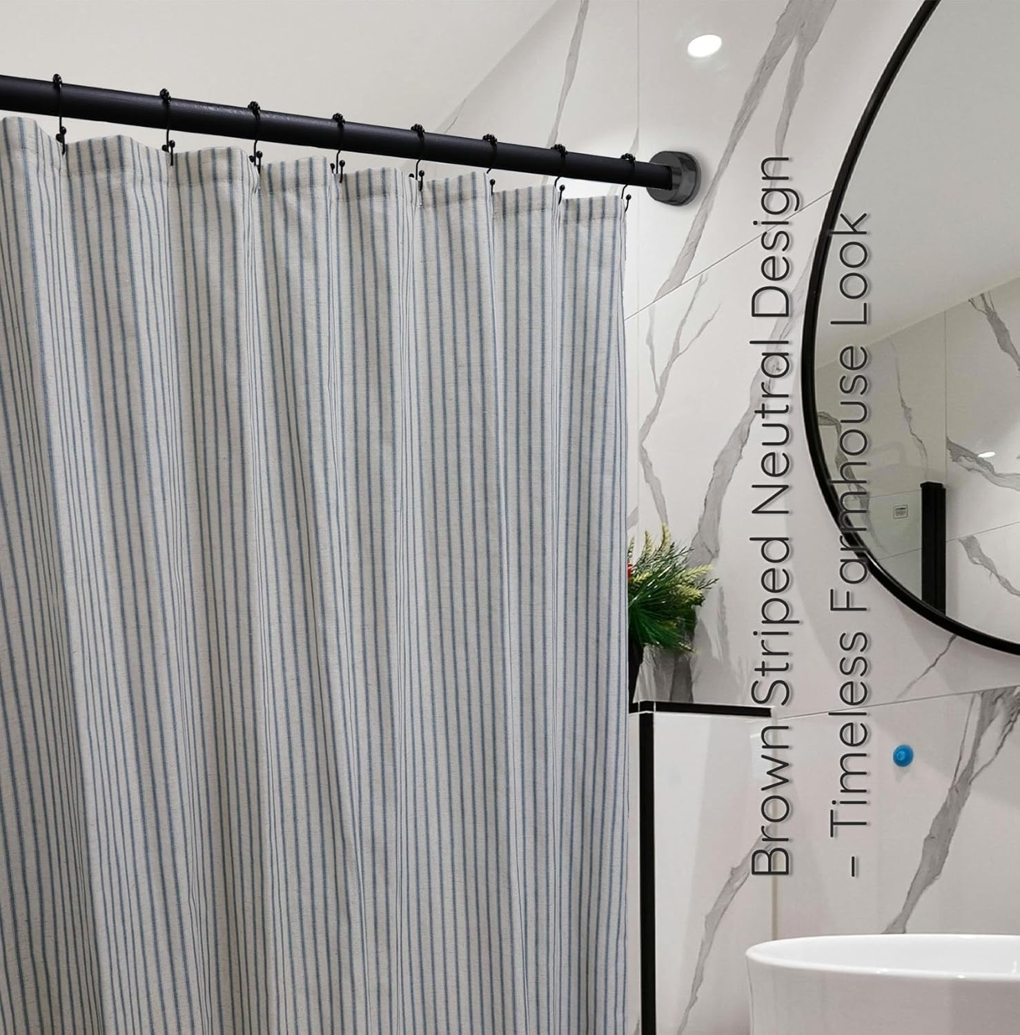 Farmhouse Striped Shower Curtain - 72x72 Inches, Linen Blend Fabric, Breathable & Machine Washable, Rustic Dusty Blue for Bathroom Decor (Hooks/Liner Not Included)