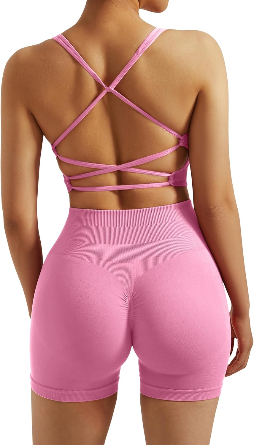 RXRXCOCO Seamless Workout Sets for Women 2 Piece Strappy Sports Bras Scrunch Butt Booty Shorts Matching Yoga Tracksuits