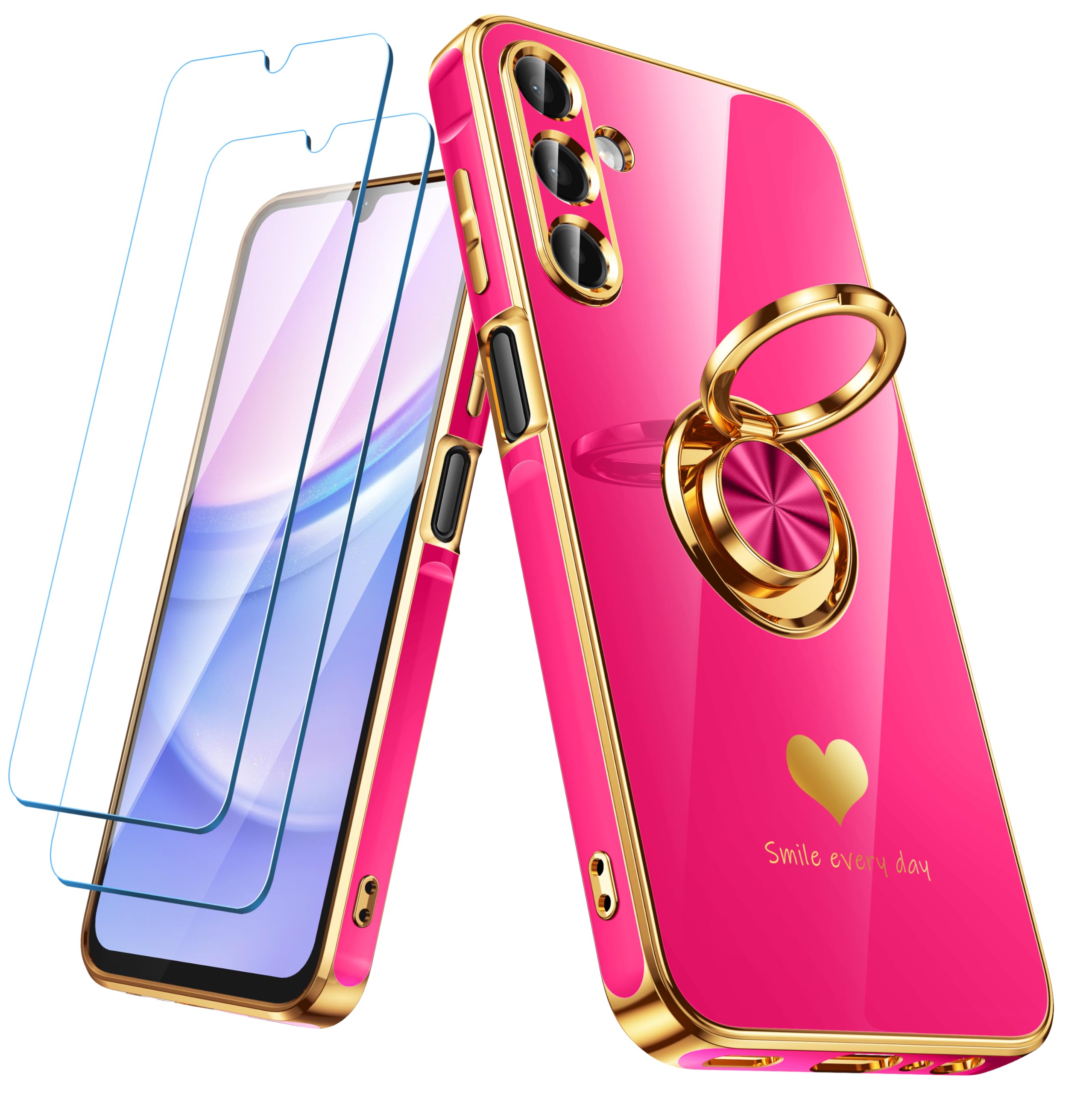 Nonional for Samsung Galaxy A15 5G Case with 2 Pack Screen Protector, 360° Rotatable Ring Holder [Luxury Hearts Pattern] Plating Gold Edge Slim Soft