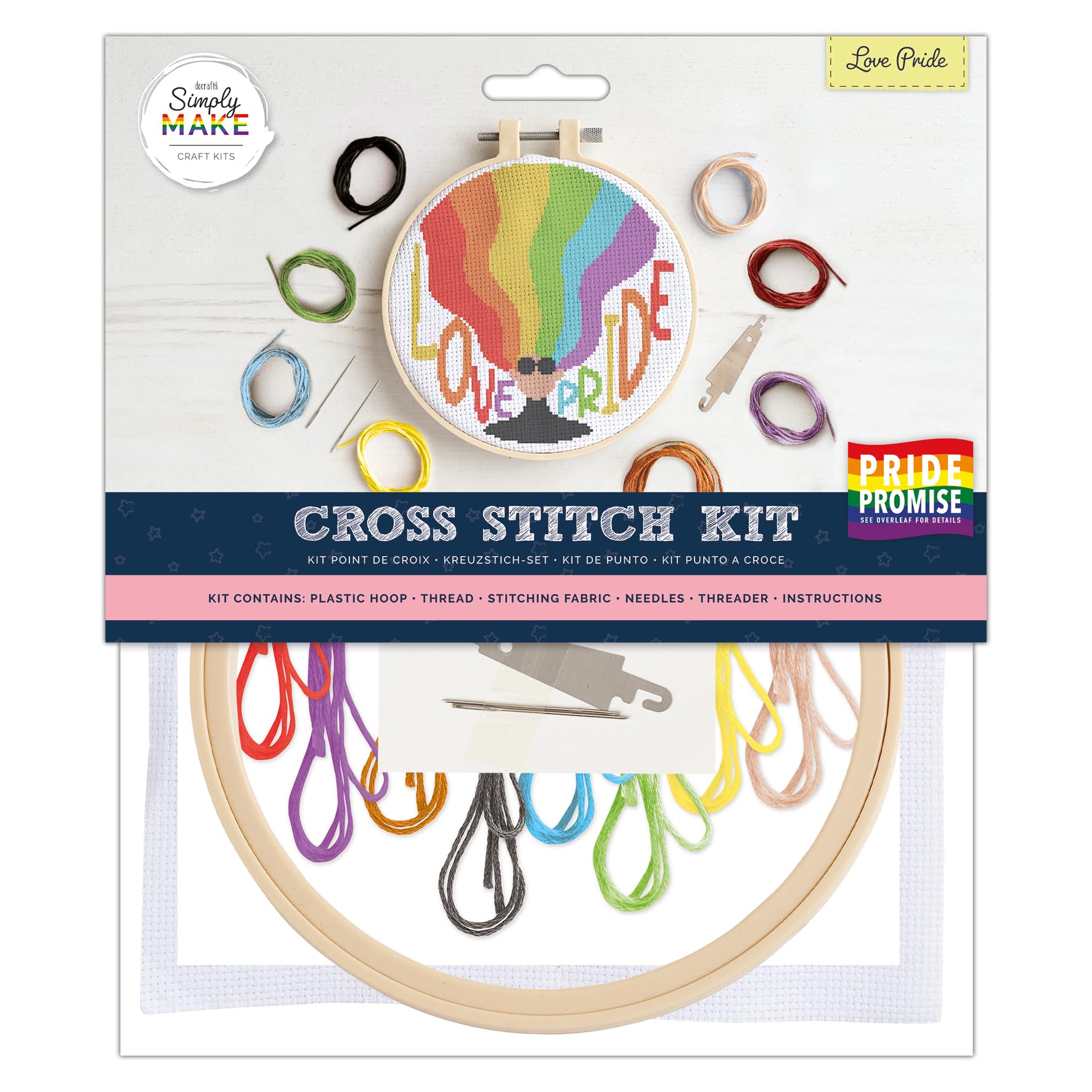 Simply MAKE Cross Stitch Kit Love Pride Design, Kids & Adults, Hoop, Embroidery Thread, Adult Crafts, Beginners, Craft Kit