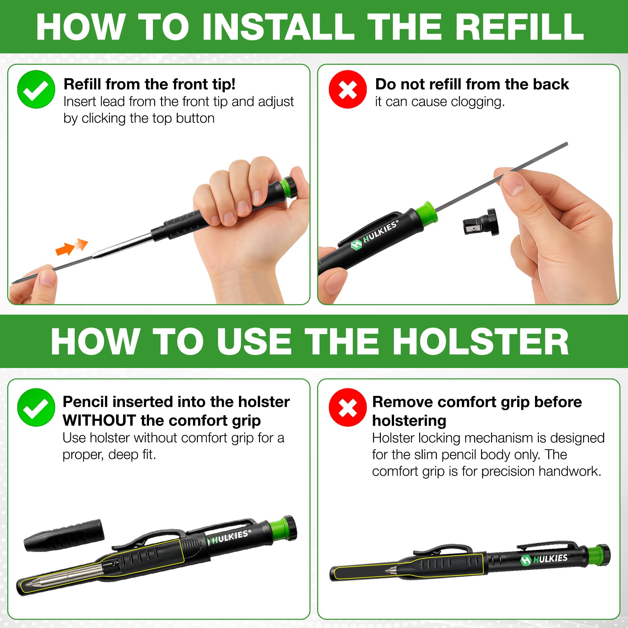 Professional 4 in1 Carpenter MULTI-PENCIL, 11pc Universal ALL IN ONE Deep Hole MARKER KIT incl. Comfort Grip, Quiver, 7 Leads & sharpener Austrian Engineering (1 Pencil Kit Black/Green) — Amazon image 7
