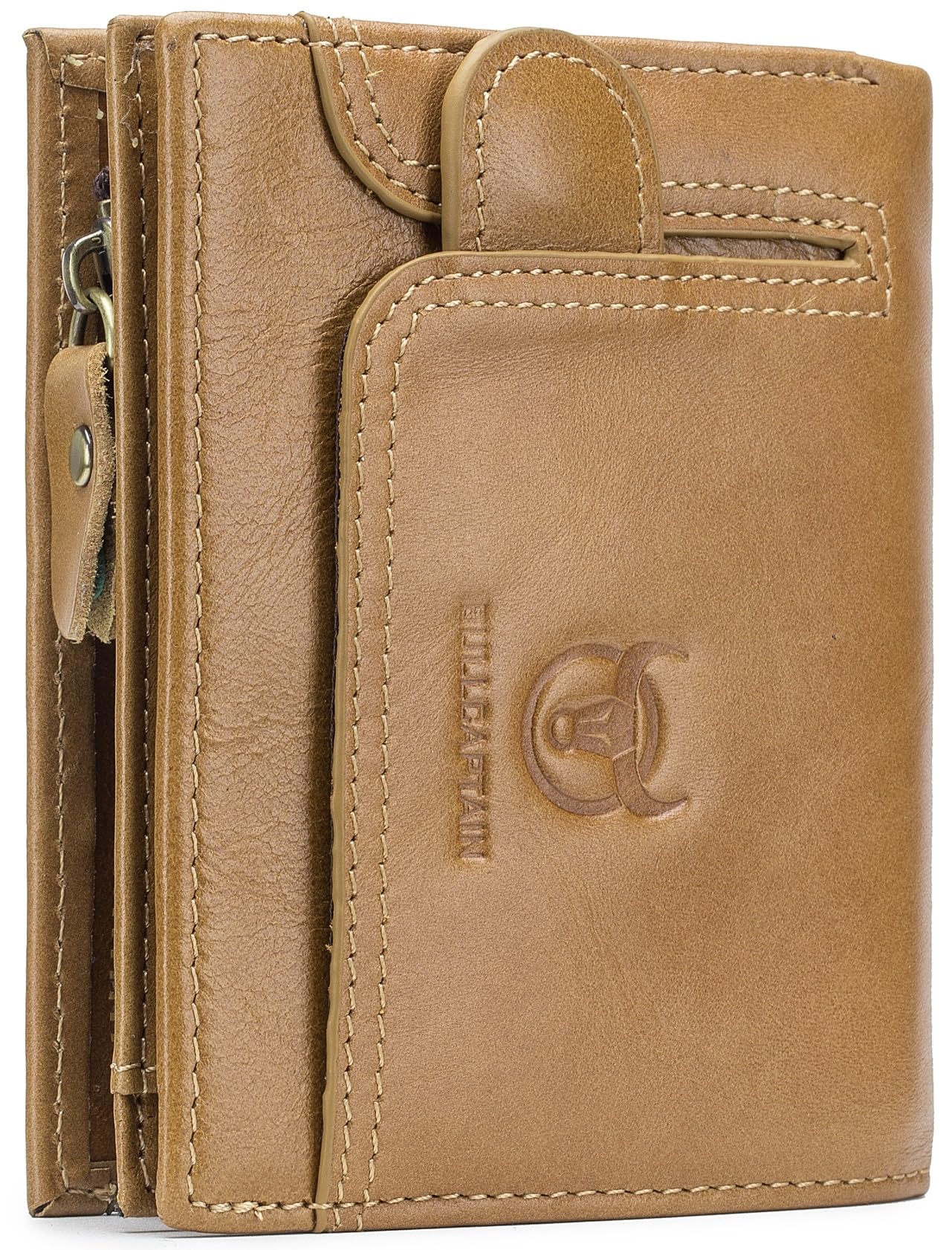 BULLCAPTAIN Men RFID Blocking Bifold Wallet Genuine Leather Card Holder Zipper Coin Purse(Yellowish brown with zipper)