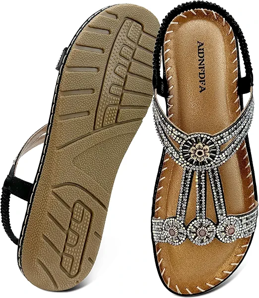 Womens Sandals 2025 Summer - Gladiator Comfortable Casual Walking Shoes Bohemian Crystal Rhinestones Flats Footwear