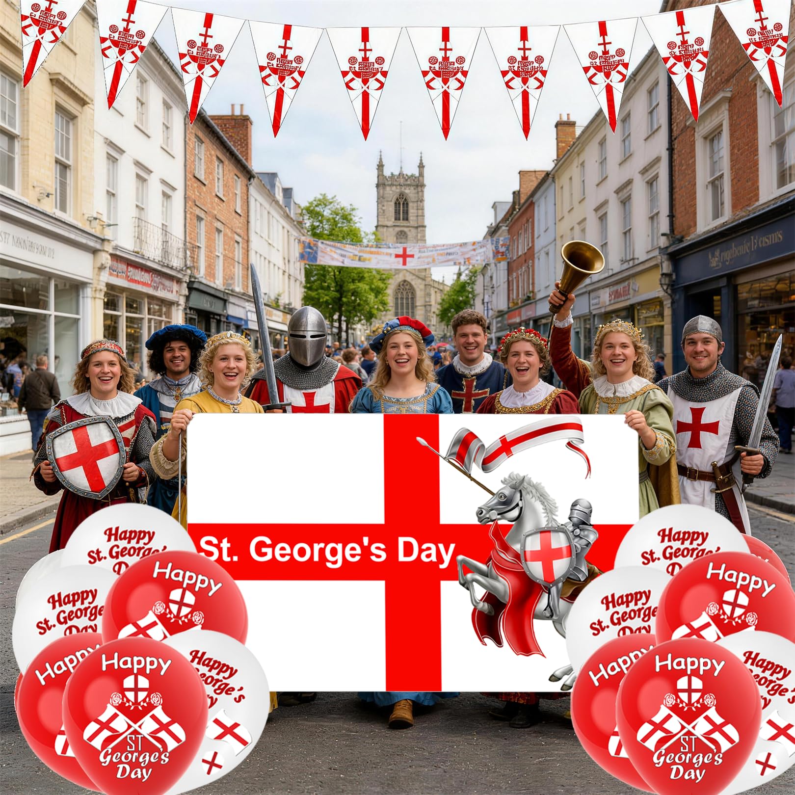 St Georges Flag, Happy St. George's Day Decorations Bunting with Balloons for England National Backdrop Decorations — view 7