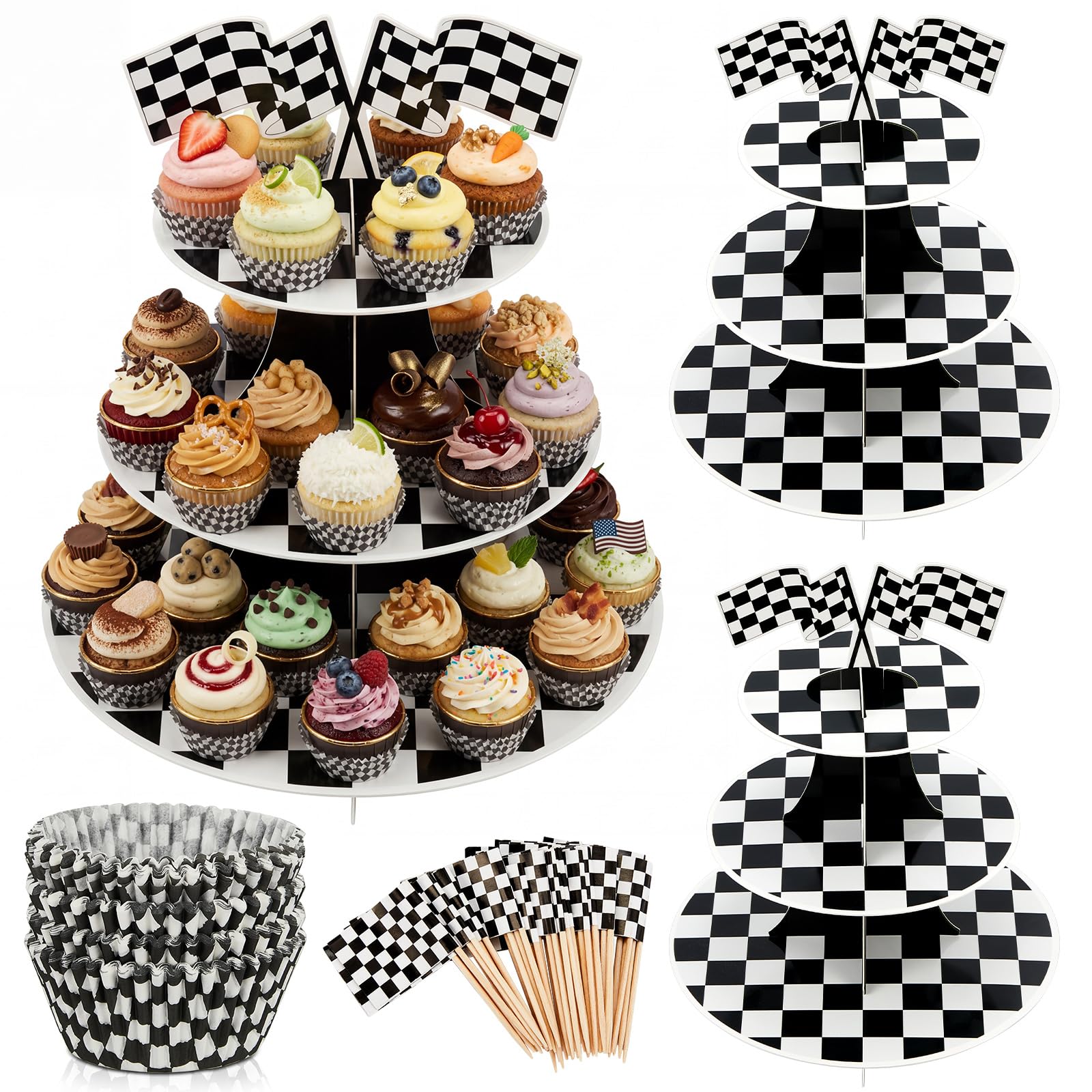 Tessco for you 3 Sets 3 Tier Round Race Car Cardboard Cupcake Stand with 100 Set Checkered Baking Cups Liners Flag Race Car Party Decorations for Cars