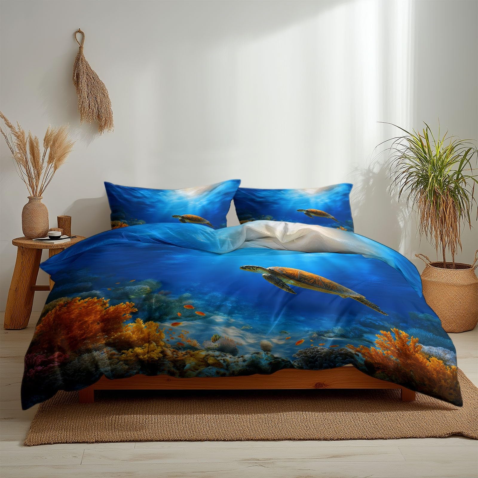 Zestaw pościeli dwuosobowej 100% mikrofibra 3-częściowy zestaw pościeli z 2 poszewkami na poduszki 50 x 80 cm, miękka, oddychająca poszwa na kołdrę można prać w pralce, niebieska anime morze słoneczny