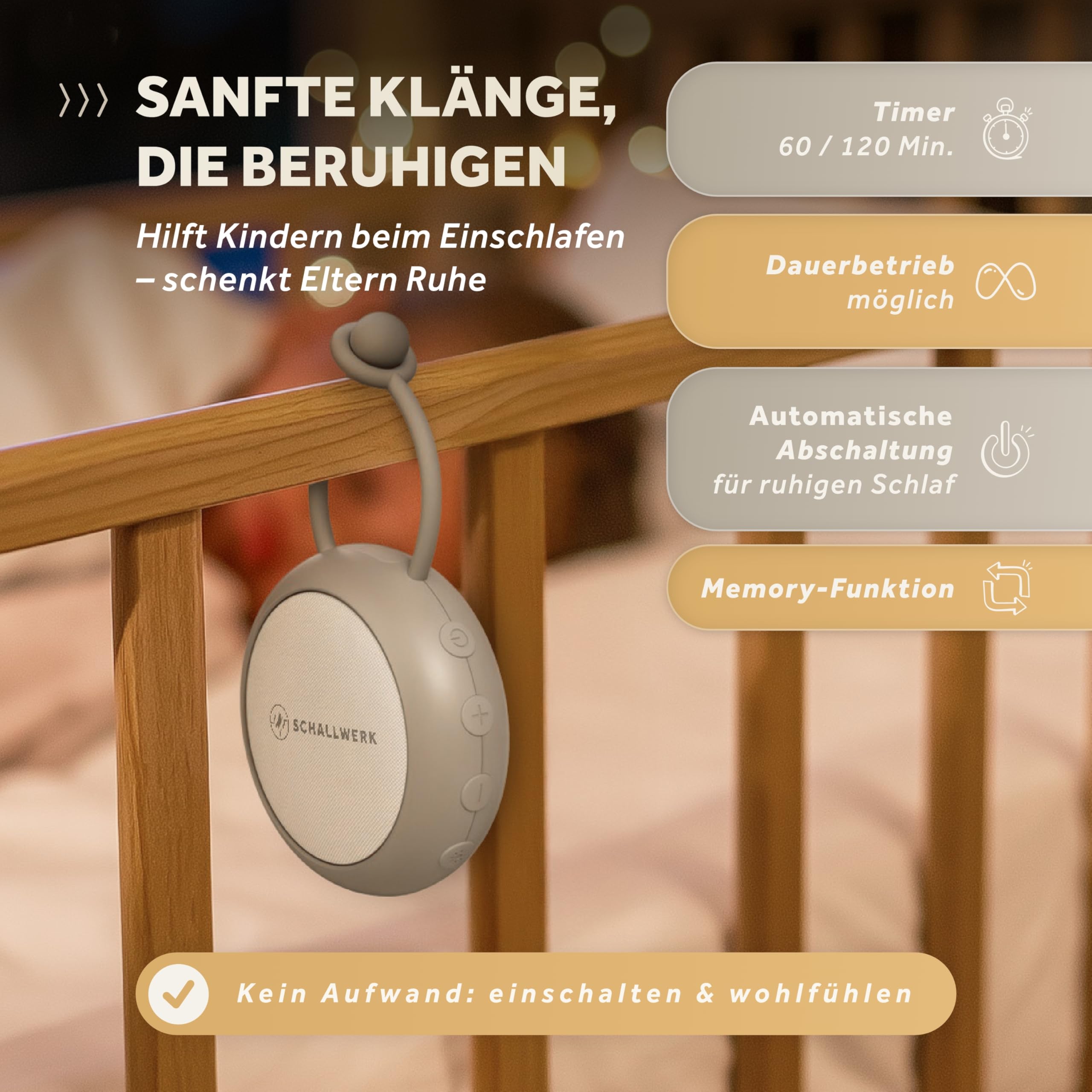 Schallwerk® White Noise Machine Baby – Einschlafhilfe für Babys & Erwachsene mit weißem Rauschen, Naturgeräuschen & Mehr – Geräuschebox mit Nachtlicht & Timer – Tragbar & leise