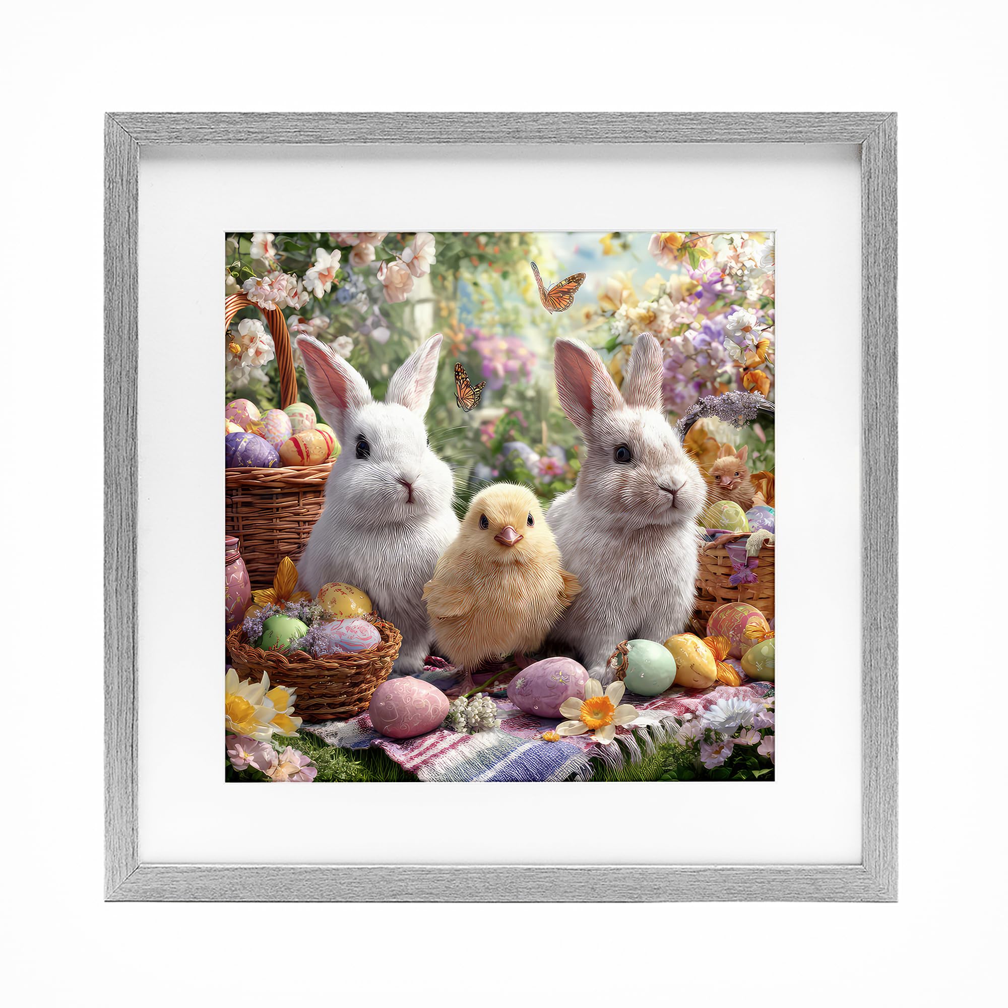 Stupell Industries Farmhouse Gray (Textured) 'Easter Animals & Eggs'| Framed Print Under Glass