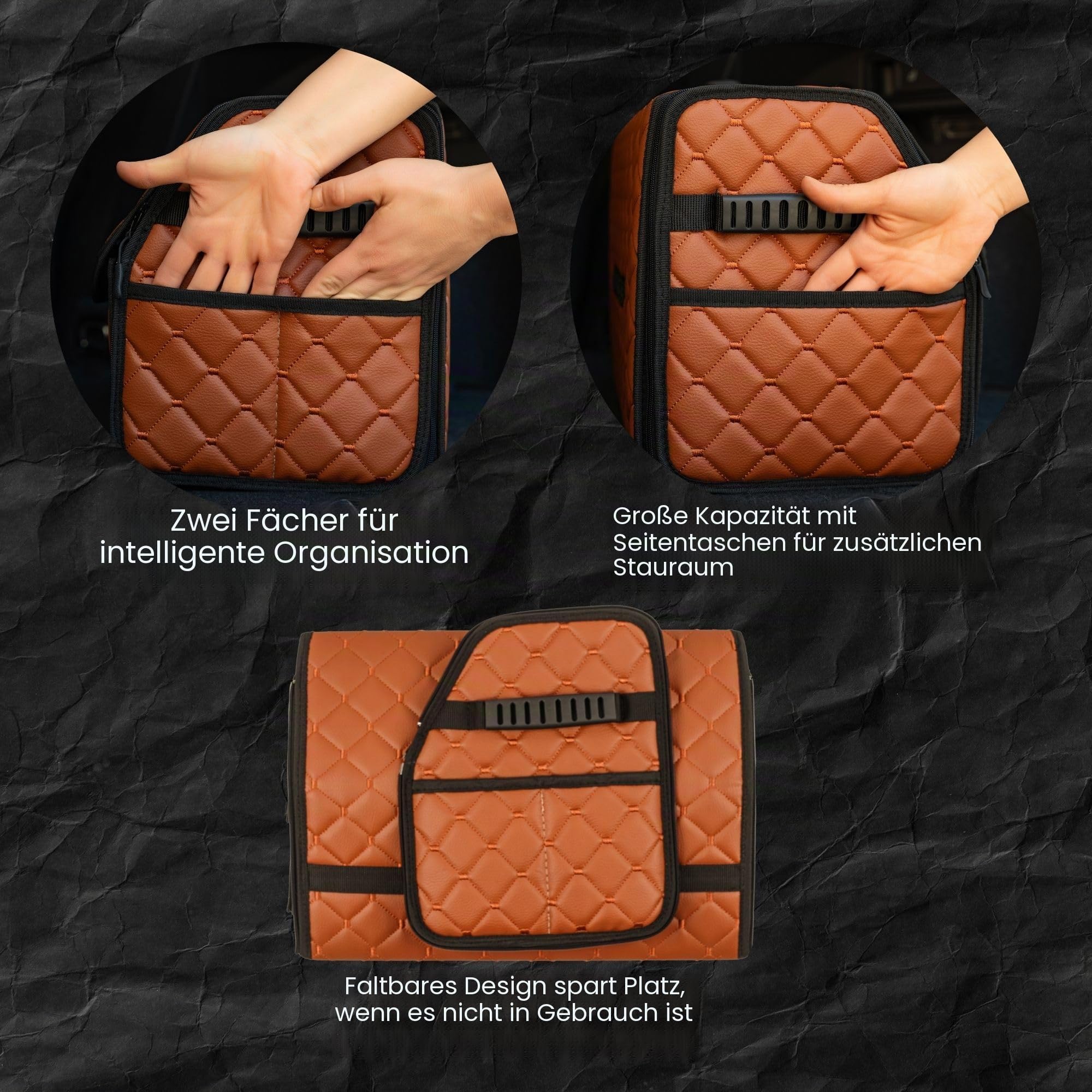 Kofferraum-Organizer aus Leder mit Deckel, faltbarer Auto-Organizer, Trennwand und Kofferraumaufbewahrung mit Taschen, Kofferraum-Organizer, rutschfestes Design (Braun-Schwarz)