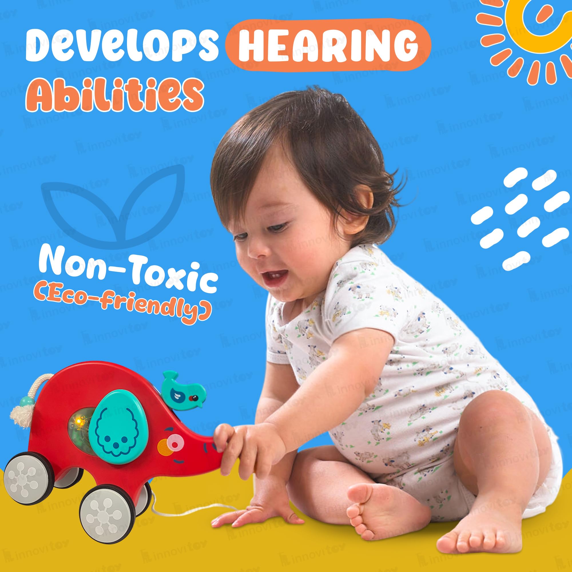 innovitoy Pull Along Elephant Baby Toys 6-12 Months | String Attached Bouncy Motion Toy Encourages Walking | Toy with Music, Light, Rope | BPA Free Toddler Toys Gift Set - Made in India (Red) 2