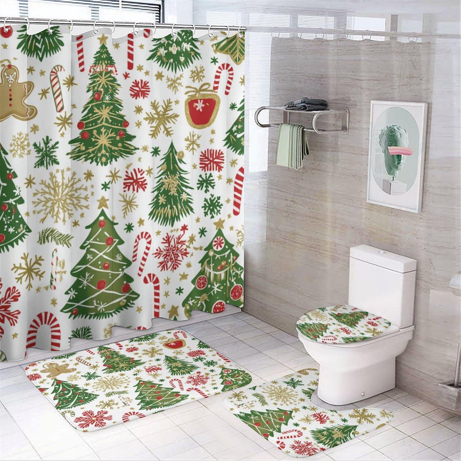 Feliz Navidad Baño de Cuatro Piezas Tappeto De Baño Absorbente Y Antideslizante, Ideal para Usar En Ducha Y Mantener El Suelo Seco 183×183cm