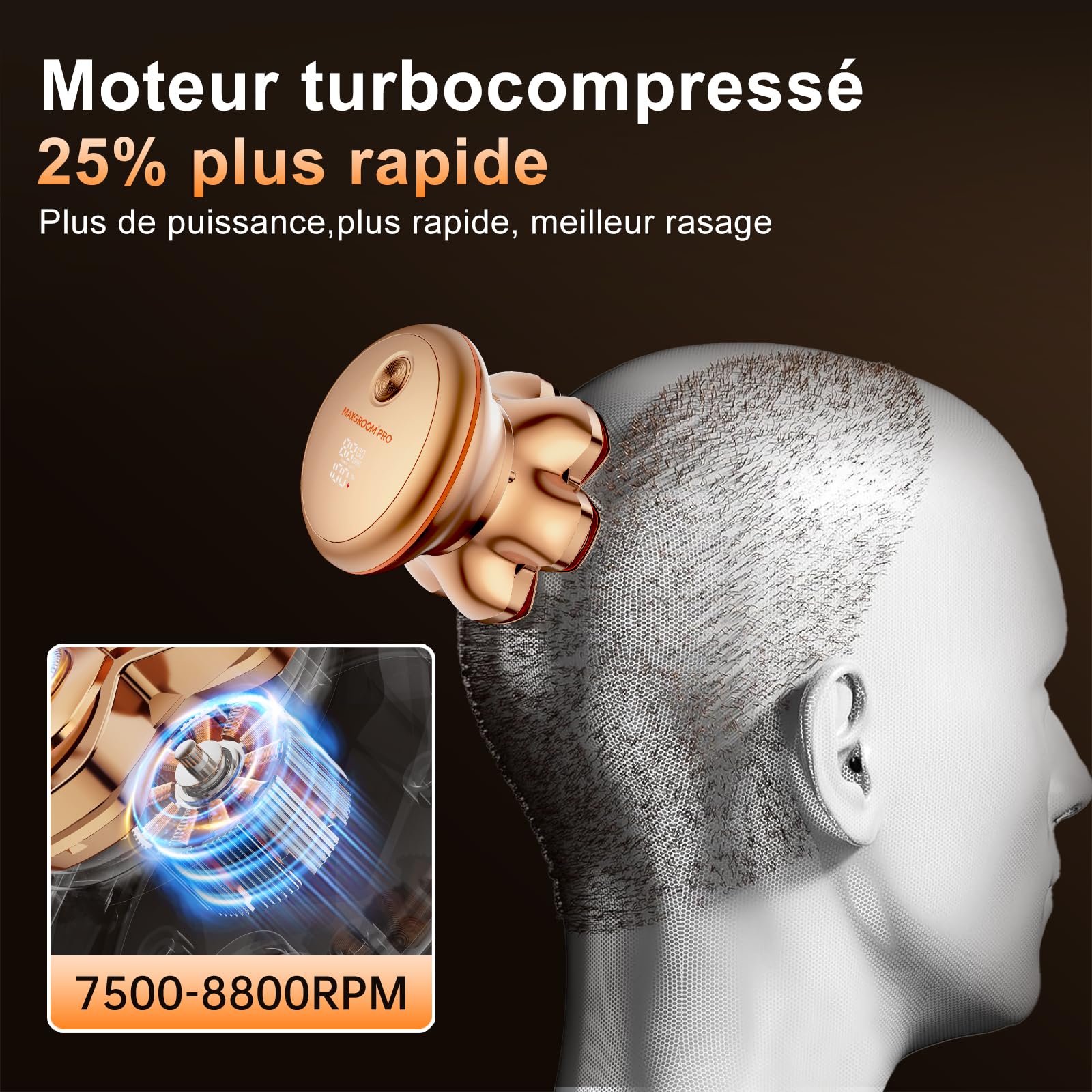 MAXGROOM® PRO Rasoir Tete Chauve Homme,2025 Rasoir Crane,Tondeuse Crâne,Cadeau Homme pour Papa et Mari,Lames en Titane,1400mAh,Autonomie de 140 minutes,8800RPM,Augmentation de 55%