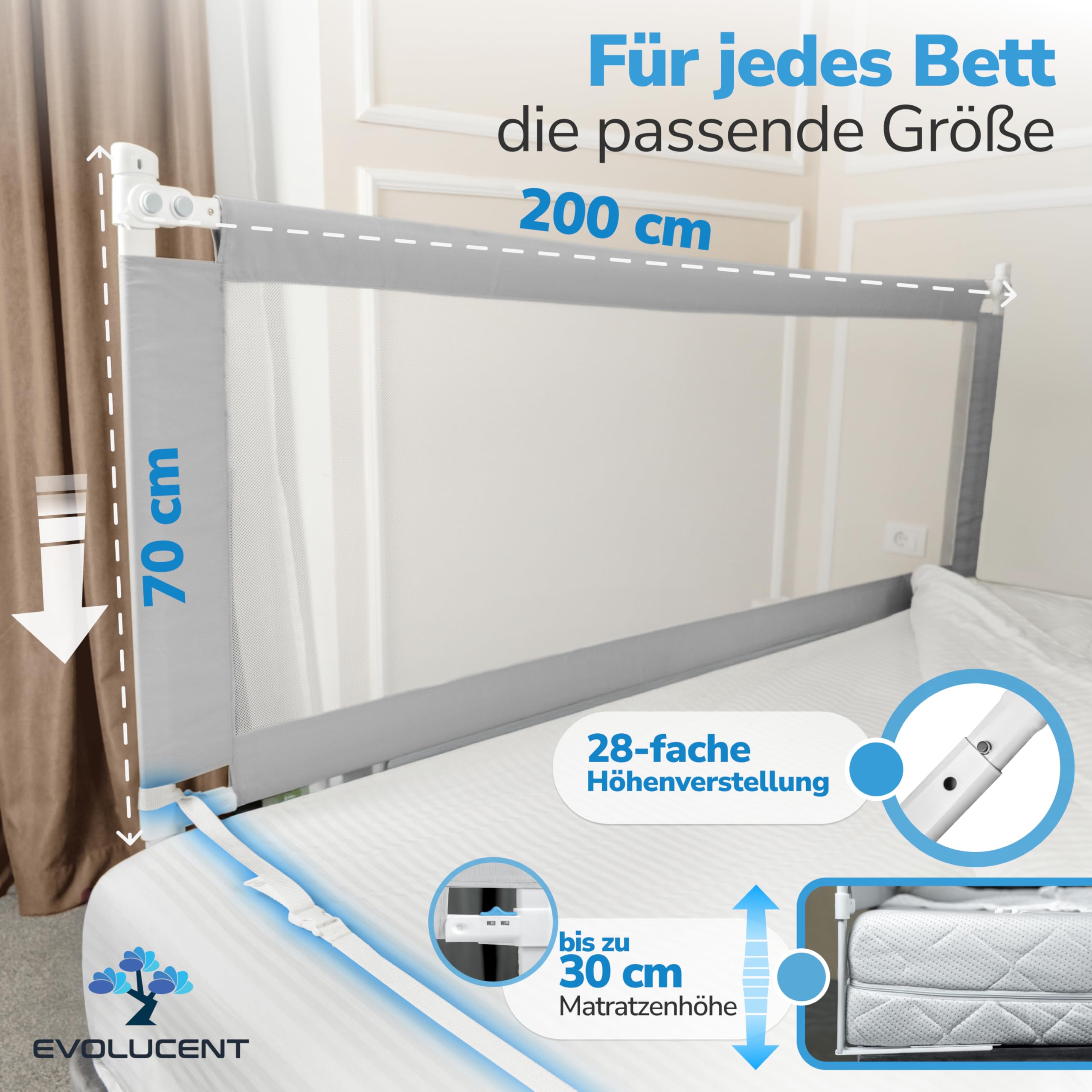 EVOLUCENT Bettgitter 200cm | Stabil ohne Verschrauben | Rausfallschutz für Boxspringbett und Elternbett | Bettschutzgitter mit Klett- und Klickgurten | Waschbares Mesh [1 Seitenteil]