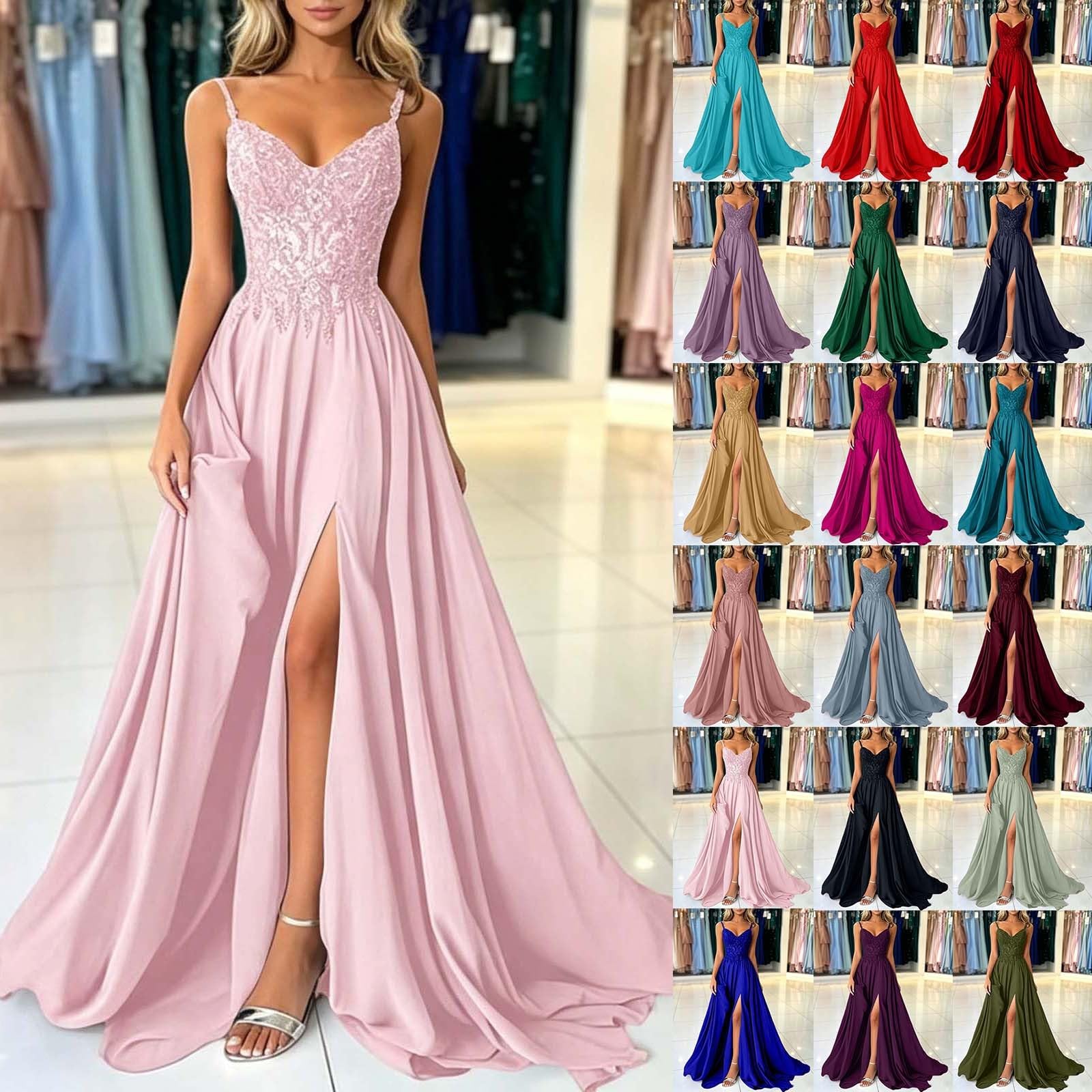 Ballkleid Damen Chiffon Lang V Ausschnitt Spitzenapplikationen Brautjungfernkleid A Linie Abendkleid Ballkleider Brautjungfernkleider Lang Prom Dress Elegant Festlich