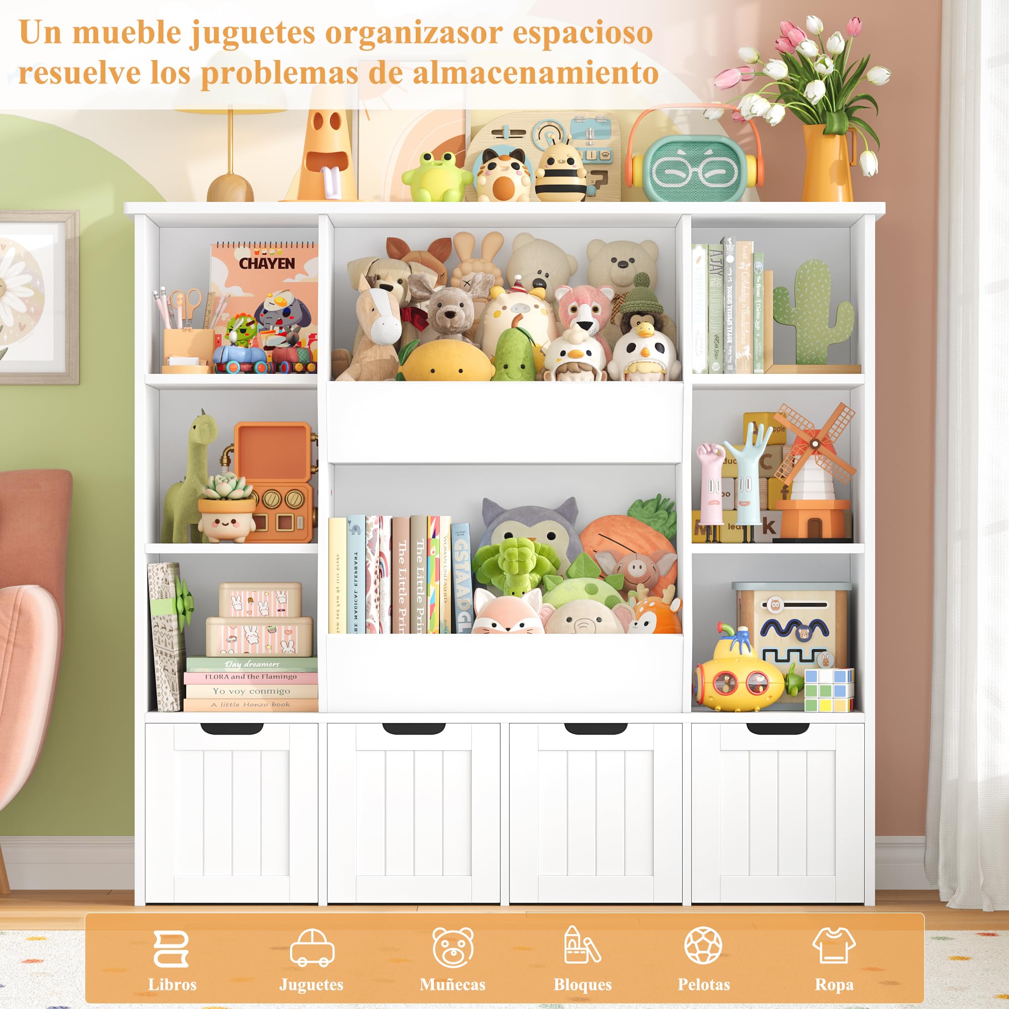 FOREHILL Mueble Organizador Juguetes, Mueble Almacenaje Juguetes, Estanteria Montessori, Organizador de Juguetes Infantil, Estanteria Infantil, 4 Cajones con Ruedas, 8 Compartimentos, Blanco