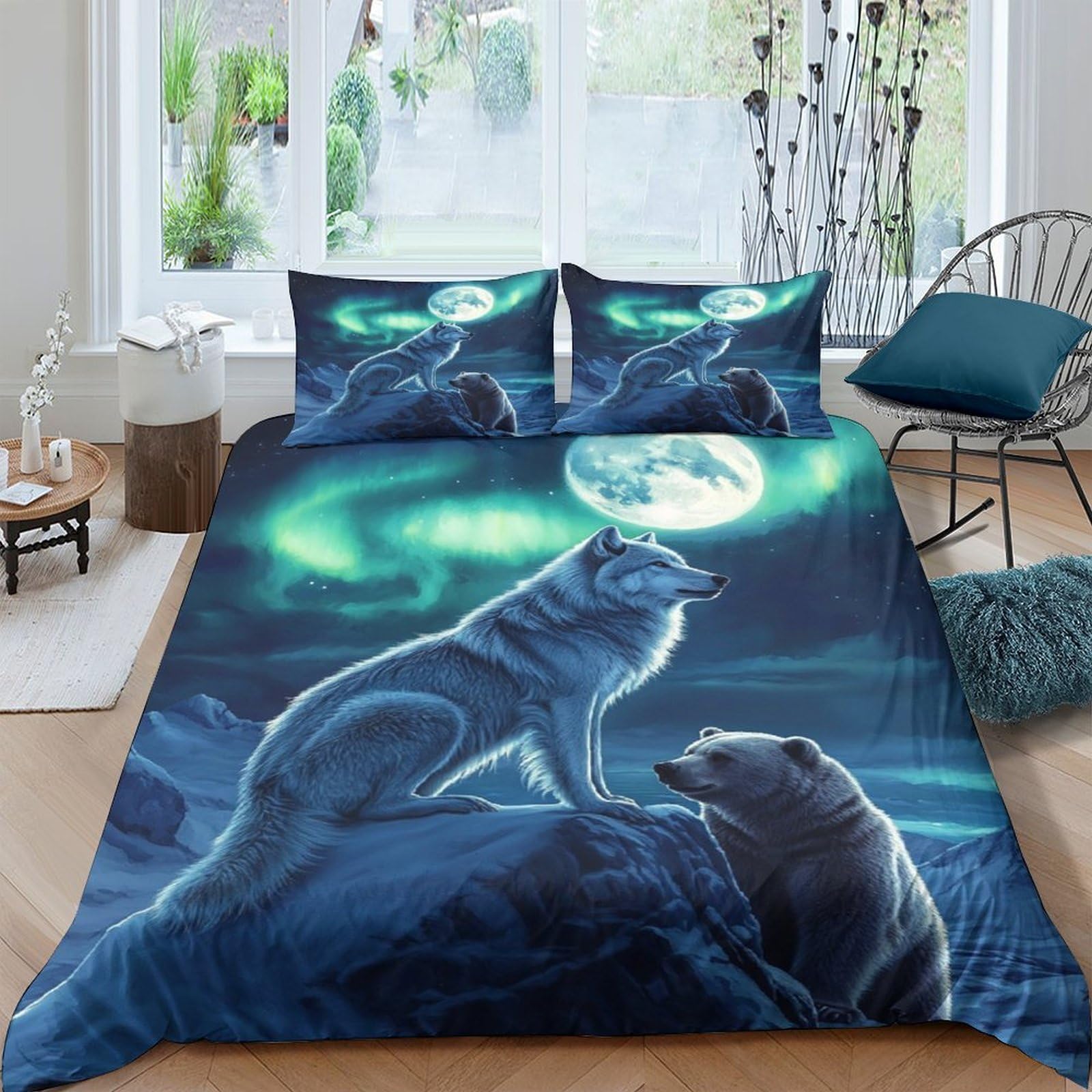 Ctjqhvkz Style-3 3D Printed Wolf Moon Fitted Sheet Microfiber Aurora Sky Mattress Cover Bedroom Decor Anti-Slip Washable For Mattress Protection Single（135X200cm）