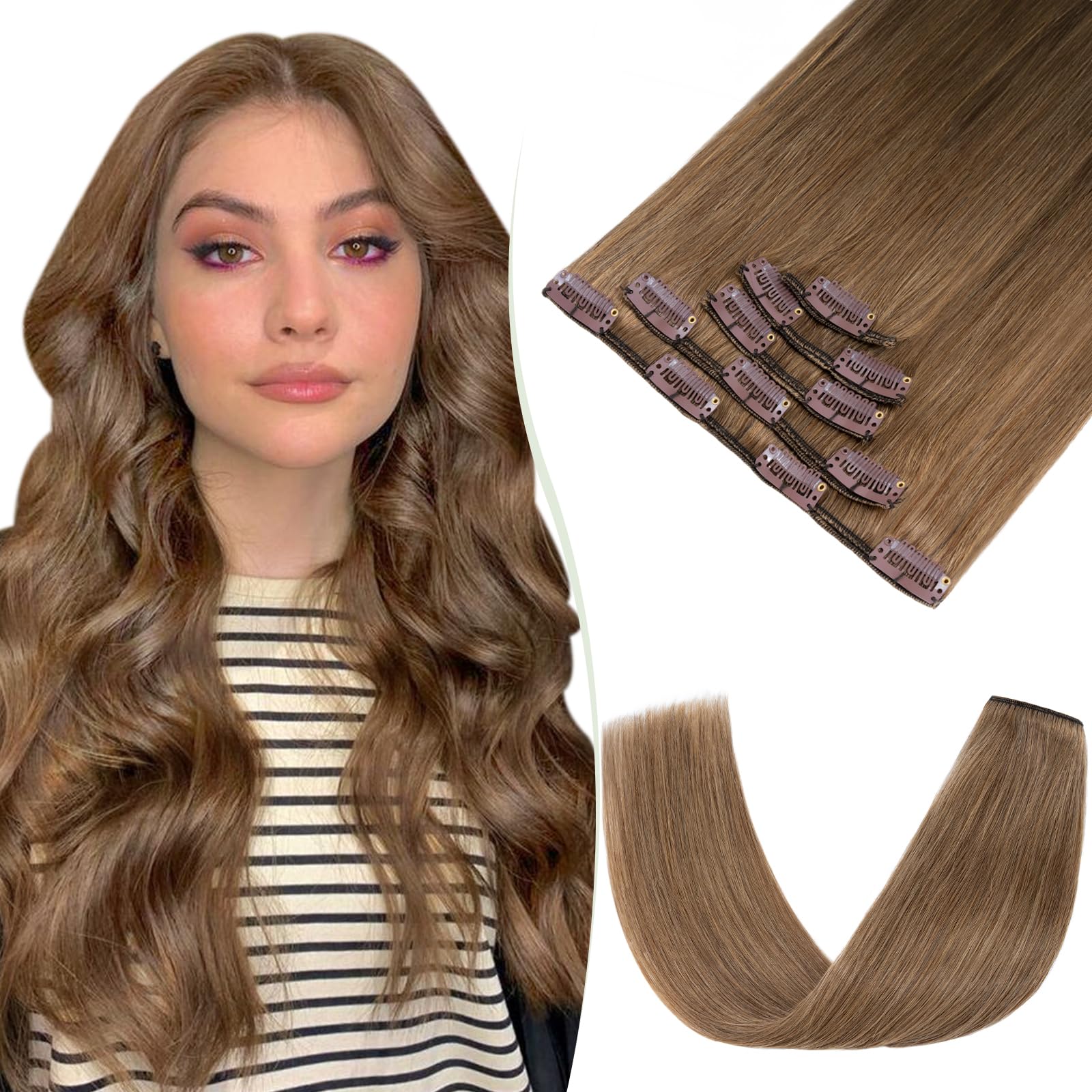 TESS Human Hair Extensions Clip in Real Hair Brown Remy 5 Pieces Straight Natural Hairpieces for Women/Girls (#06 Light Brown