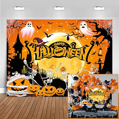 Mocsick - Telón de fondo de Halloween para fotografía, noche naranja, luna, decoración de fiesta de Halloween, truco o trato, calavera, calabaza,