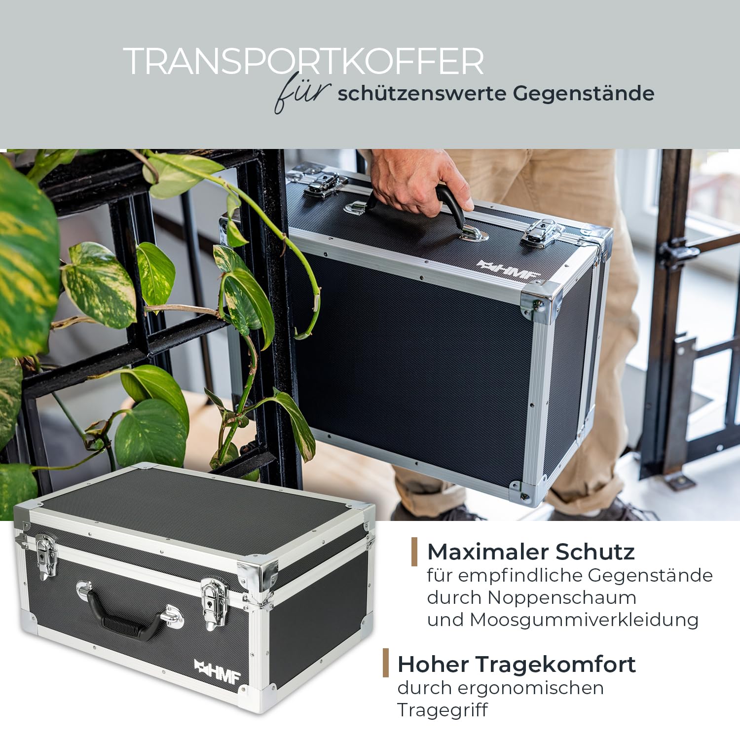 HMF Fotokoffer mit Schaumstoff, gepolsterter Transportkoffer mit Aluminiumrahmen für DSLR/Spiegelreflex & Fotozubehör | 48 x 32 x 22,5 cm | Schwarz